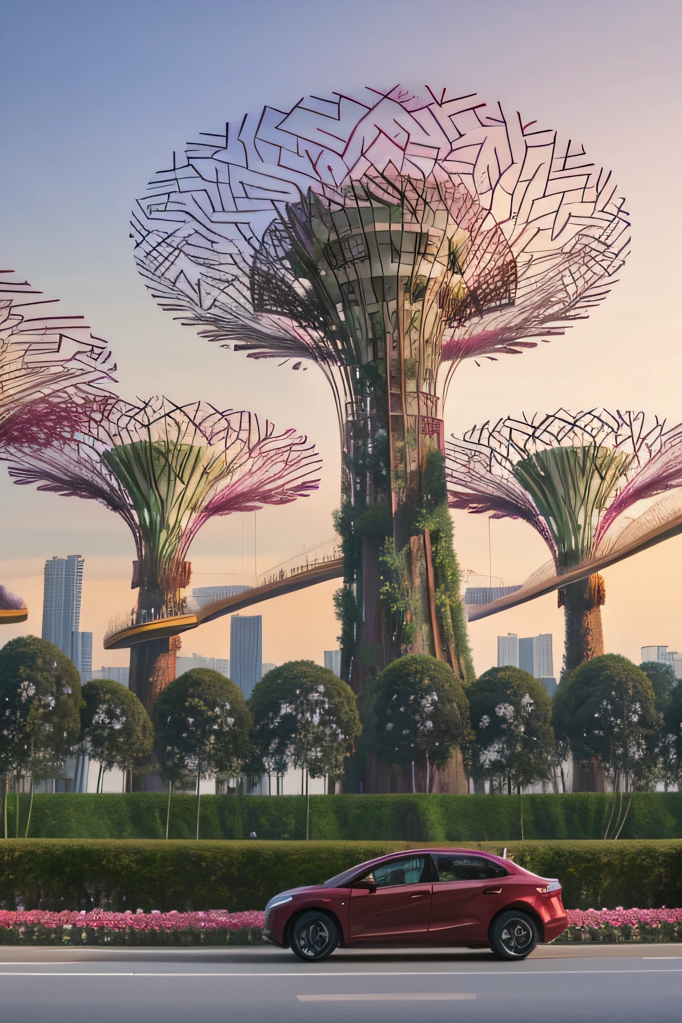 2. Gardens by the Bay: "A car driving along a tree-lined road at Gardens by the Bay, with a view of the Supertree Grove and its towering vertical gardens in the background."