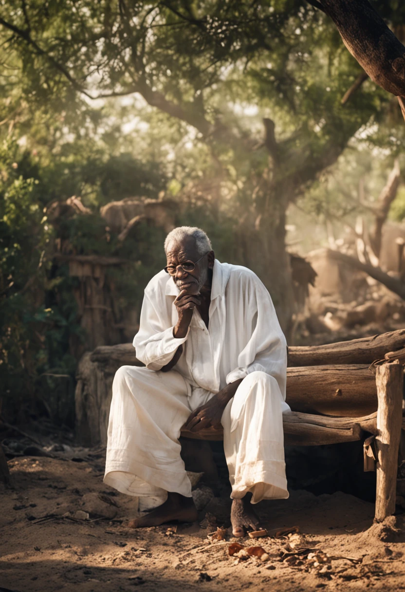Wise old black man dressed in white, homem bonito, tell a story in a poor village