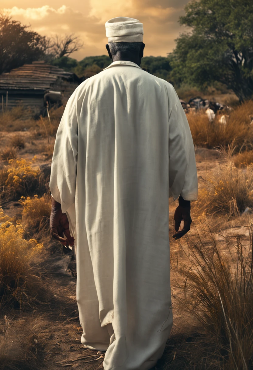 Wise old black man dressed in white, homem bonito, tell a story in a poor village
