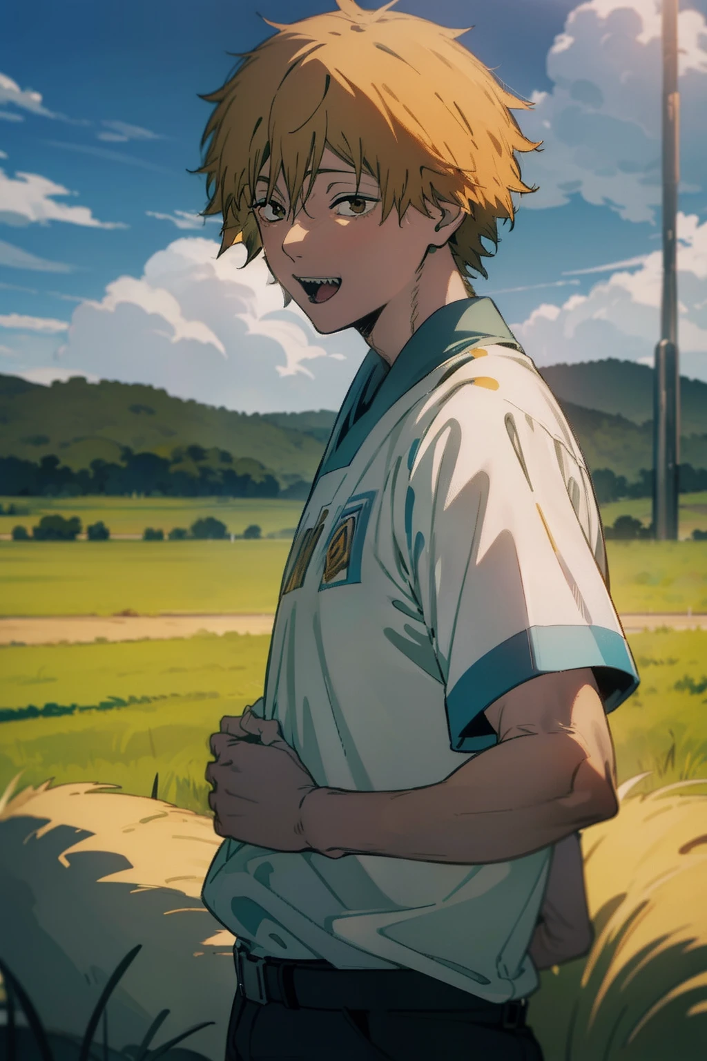 denji com expressao de felicidade em um campo aberto
