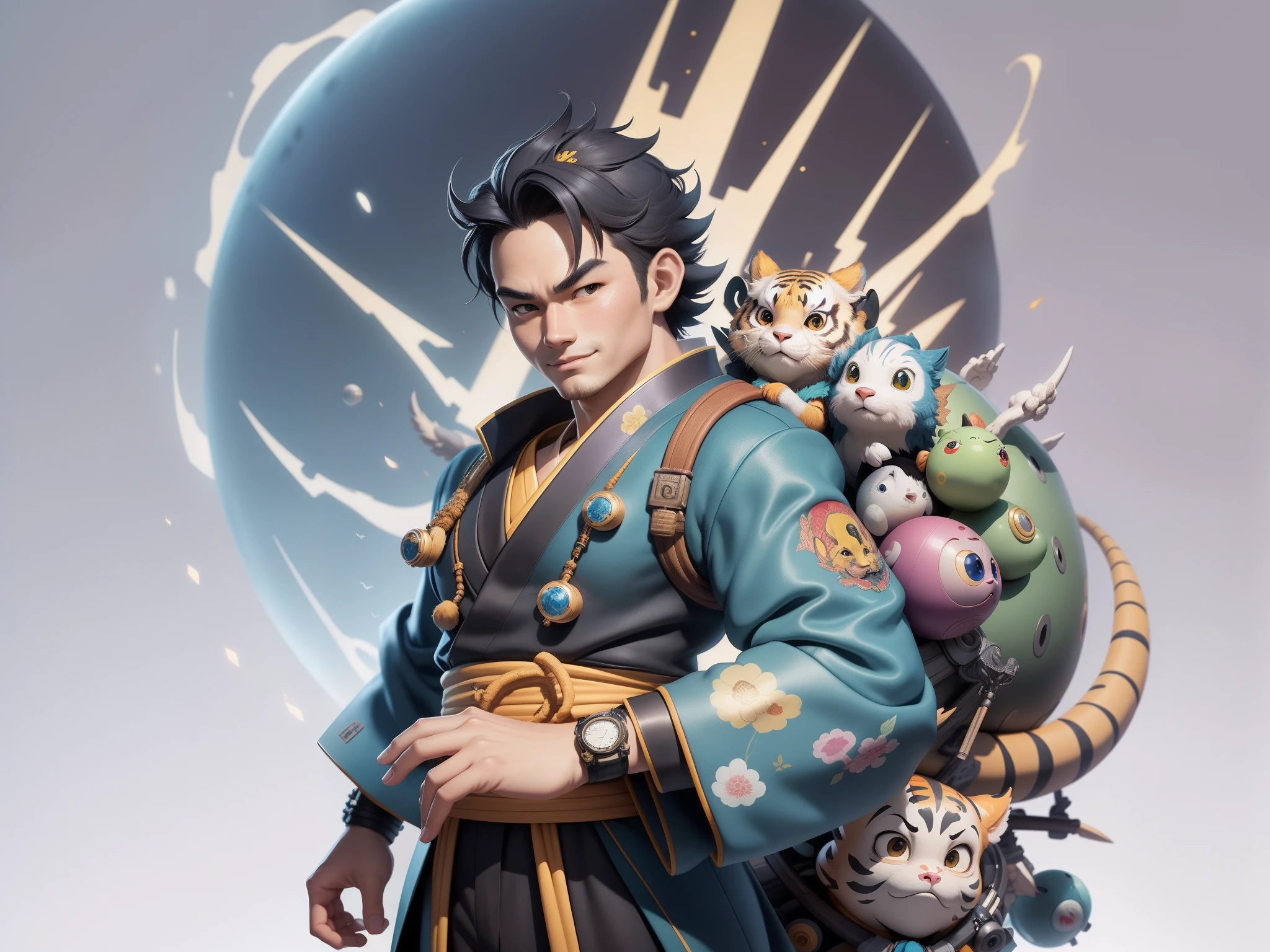 (Masterpiece), (Excellent), (Super Meticulous), (Full Body: 1.2), Super Young Man, Oriental Face, Japanese Kimono, Japanese Wind Thunder God, Dragon, Tiger, TV Anchor, Bust Portrait Illustration, Alone, Black Suit, Blue Tie, Slightly Chubby Face, Very Clean Face, No Beard, Black Super Short Hair, Black Eyes, Confident Smile, 3c Computer Sub-Products, iPad, iPhone, Digital Painting, 3D Character Design by Akira Toriyama and Mark Claireden and Pixar and Hayao Miyazaki, The illustration is a high-definition illustration in 4K resolution with very detailed facial features and cartoon-style visuals.