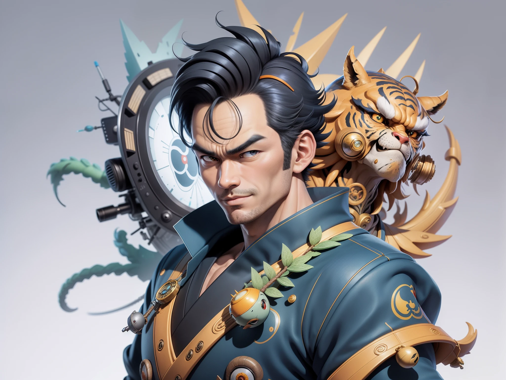 (Masterpiece), (Excellent), (Super Meticulous), (Full Body: 1.2), Super Young Man, Oriental Face, Japanese Kimono, Japanese Wind Thunder God, Dragon, Tiger, TV Anchor, Bust Portrait Illustration, Alone, Black Suit, Blue Tie, Slightly Chubby Face, Very Clean Face, No Beard, Black Super Short Hair, Black Eyes, Confident Smile, 3c Computer Sub-Products, iPad, iPhone, Digital Painting, 3D Character Design by Akira Toriyama and Mark Claireden and Pixar and Hayao Miyazaki, The illustration is a high-definition illustration in 4K resolution with very detailed facial features and cartoon-style visuals.
