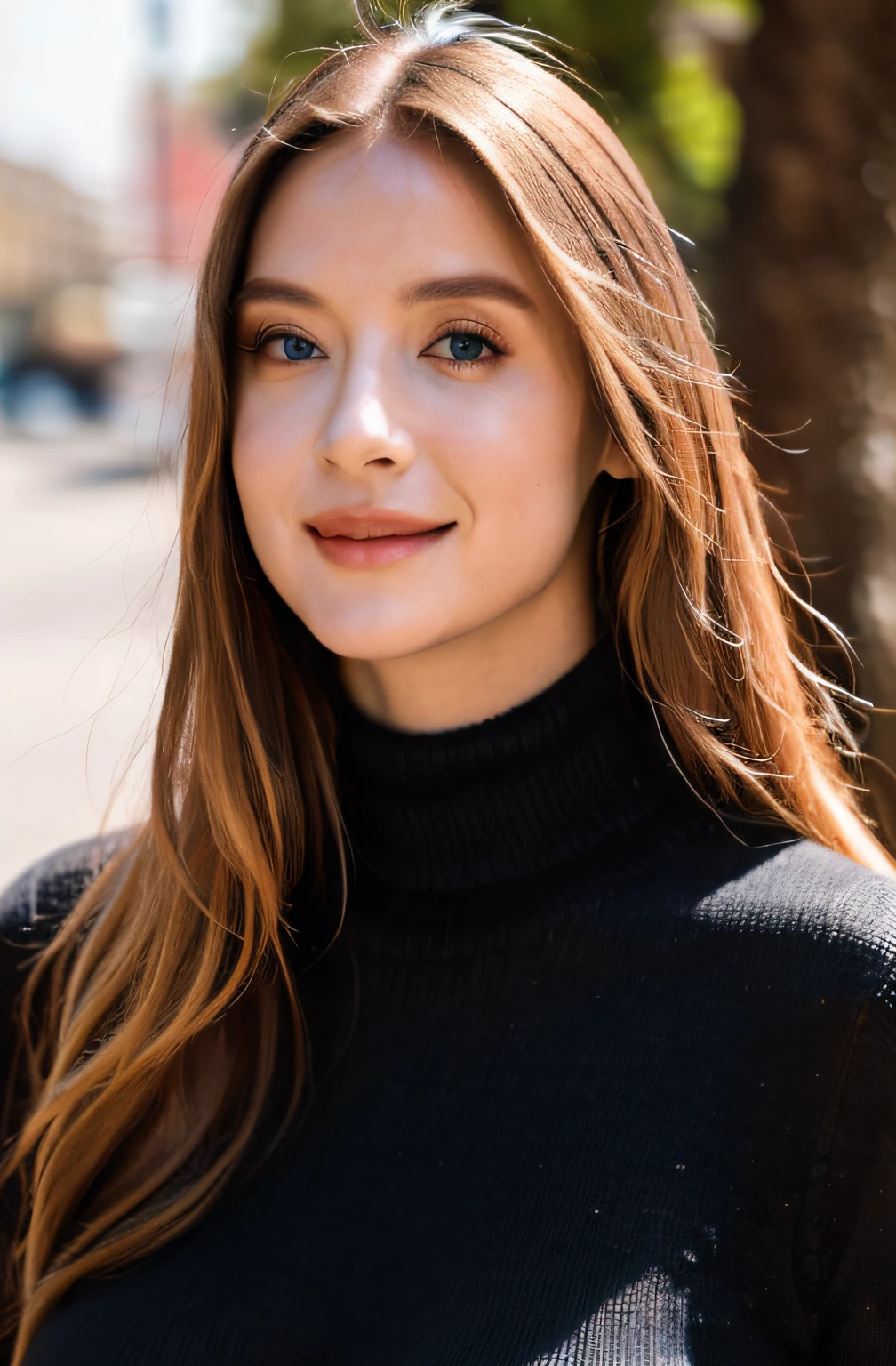 detailed and realistic portrait of beautiful (Alice01-100), sexy, 25yo, blonde_hair, blue_eyes, long_hair, closed_mouth, lips, smile, jewelry, wearing a black sweater turtleneck, looking_at_viewer, shot outside, soft natural lighting, portrait photography, magical photography, dramatic lighting, photo realism, ultra-detailed, intimate portrait composition, Leica 50mm, f1. 4,