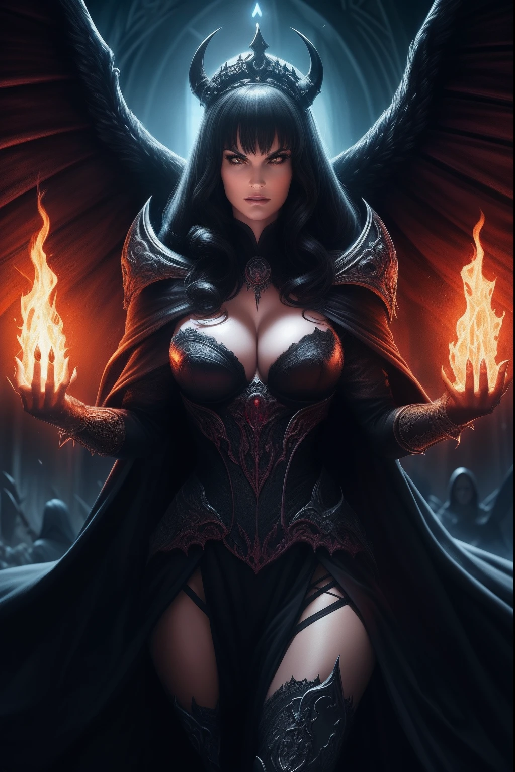 Lisa Ann ultra-detailed: The Empress of Darkness, Background to the destruction of hell, diabolique, insidieux, invincible, couronne sombre, Evil queen, Robe noire et rouge, demon wings dans le dos, Demon horn, Realistic detailed eyes, Shaded illustration of a high-quality cell in hell, corps entier, pose dynamique, anatomie parfaite, centered, Freedom, soul, Approche de la perfection, Ombrage de cellule, 8k , Cinematic dramatic atmosphere, Illumination globale, detailed and intricate environment, ArtStation, Art conceptuel, mise au point fluide et nette, volumeric lighting, lighting cinematic