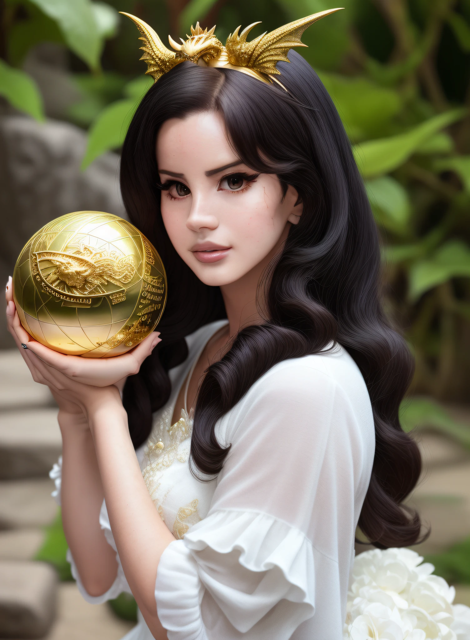 Lana del Rey holding a golden ball with a dragon on it, fantasia realista intrincada, amazing fantasy art, arte de fantasia realista, Arte de fantasia hiperrealista, realistic fantasy illustration, Capa de livro de fantasia, arte fantasia behance, arte de fantasia detalhada, fantasy illustrations, arte digital de fantasia detalhada, arte de fantasia digital em alta, arte de fantasia altamente detalhada, detailed fantasy illustration, Arte de Fantasia, dragon girl (8k, Foto RAW, best quality, master part:1.2), (Realistic, photo-realistic:1.37), best quality, ultra high-resolution, Luzes traseiras NFSW, Vazamentos de luz, dynamic lighting, esguio, pele lisa,  (Pureerosface_v1:1),