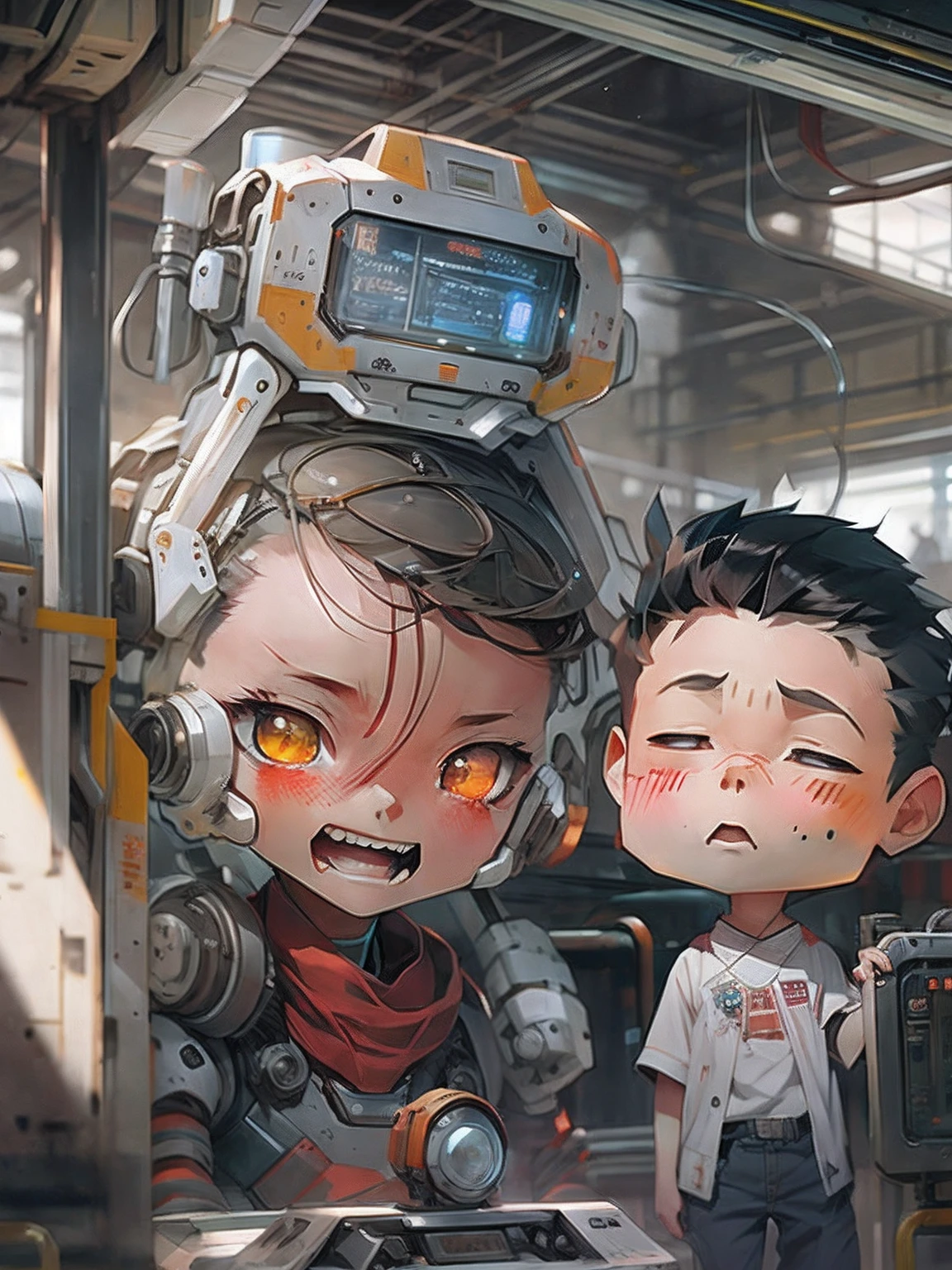 Anime characters in the factory，There is a robot on it, Guviz-style artwork, krenz cushart and wenjun lin, Guweiz on ArtStation Pixiv, Guweiz in Pixiv ArtStation, wojtek fus, ross tran and bayard wu, childrens art in artstation, Digital cyberpunk anime art, Kawasi