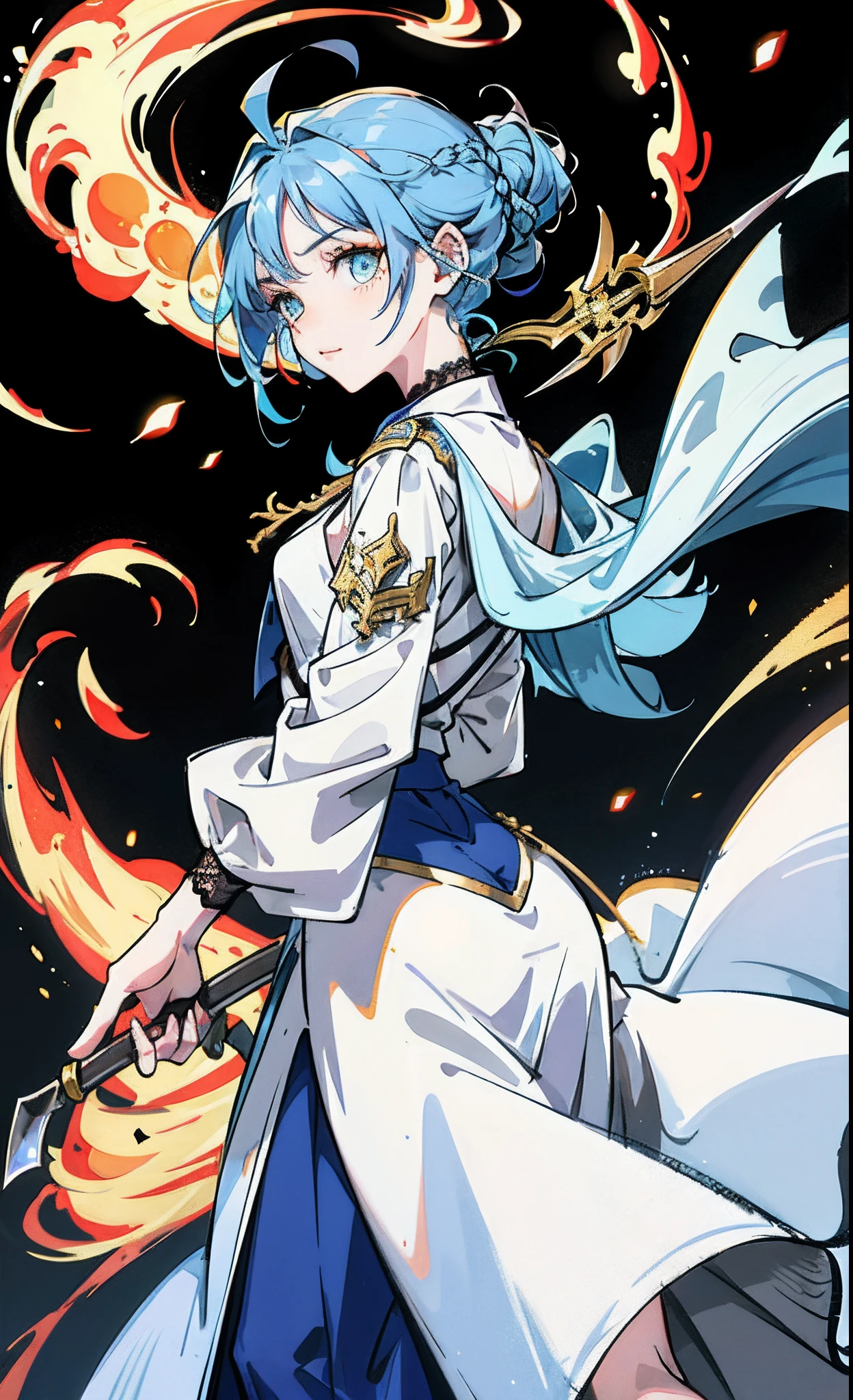 Ice blue hair，Golden eyes，HOLDING A SICKLE，a white long skirt，Lace