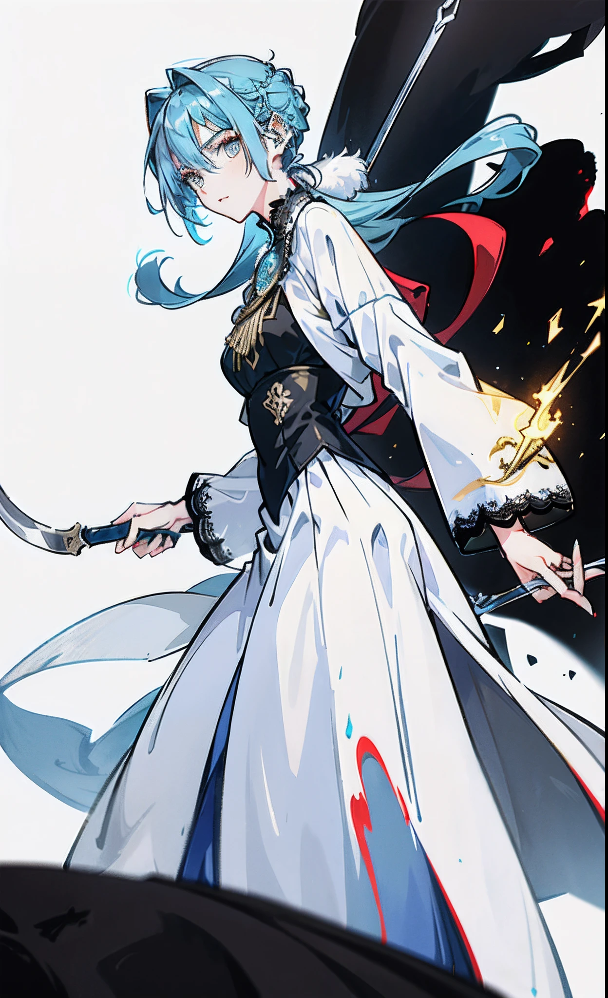 Ice blue hair，Golden eyes，HOLDING A SICKLE，a white long skirt，Lace
