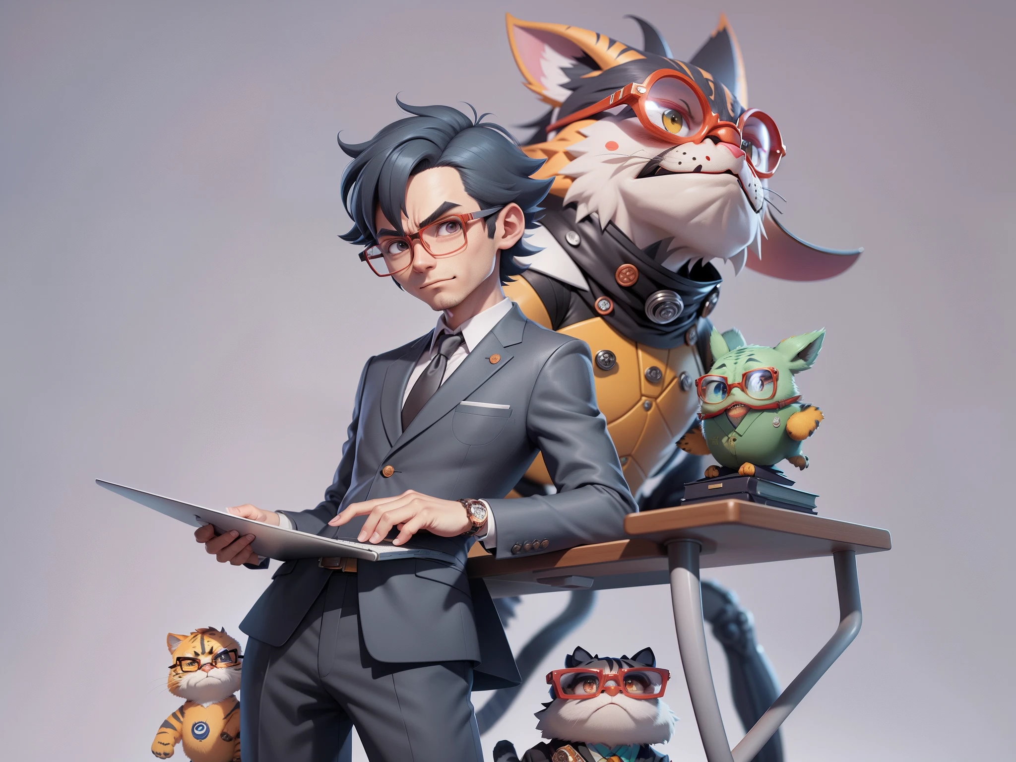 A young man in a suit, Short hair and glasses sat at his desk,holding laptop,digitial painting,tigre,3D character design by Mark Clairen and Pixar and Hayao Miyazaki and Akira Toriyama,4K HD illustration,Very detailed facial features and cartoon-style visuals。