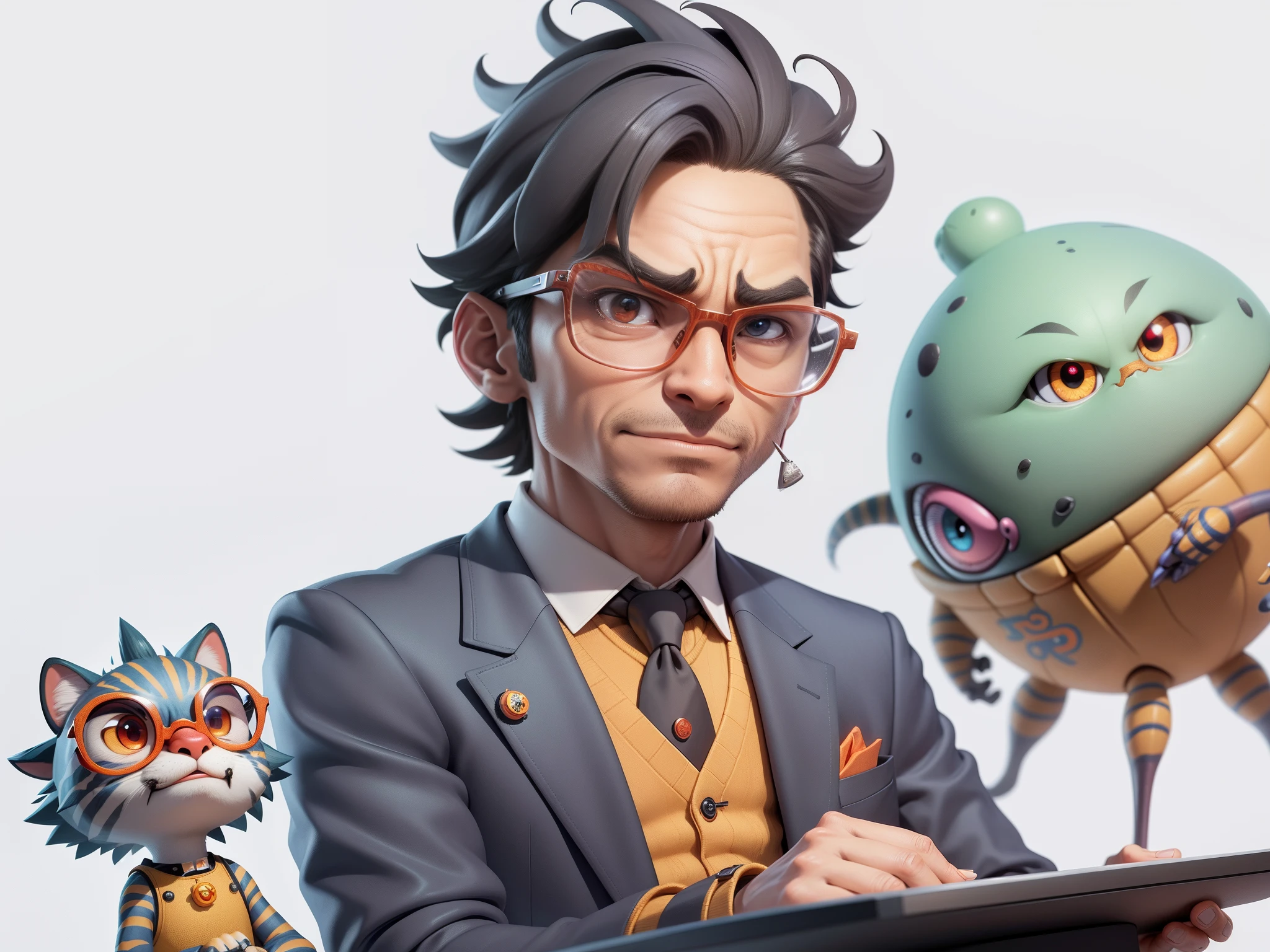 A young man in a suit, Short hair and glasses sat at his desk,holding laptop,digitial painting,tigre,3D character design by Mark Clairen and Pixar and Hayao Miyazaki and Akira Toriyama,4K HD illustration,Very detailed facial features and cartoon-style visuals。
