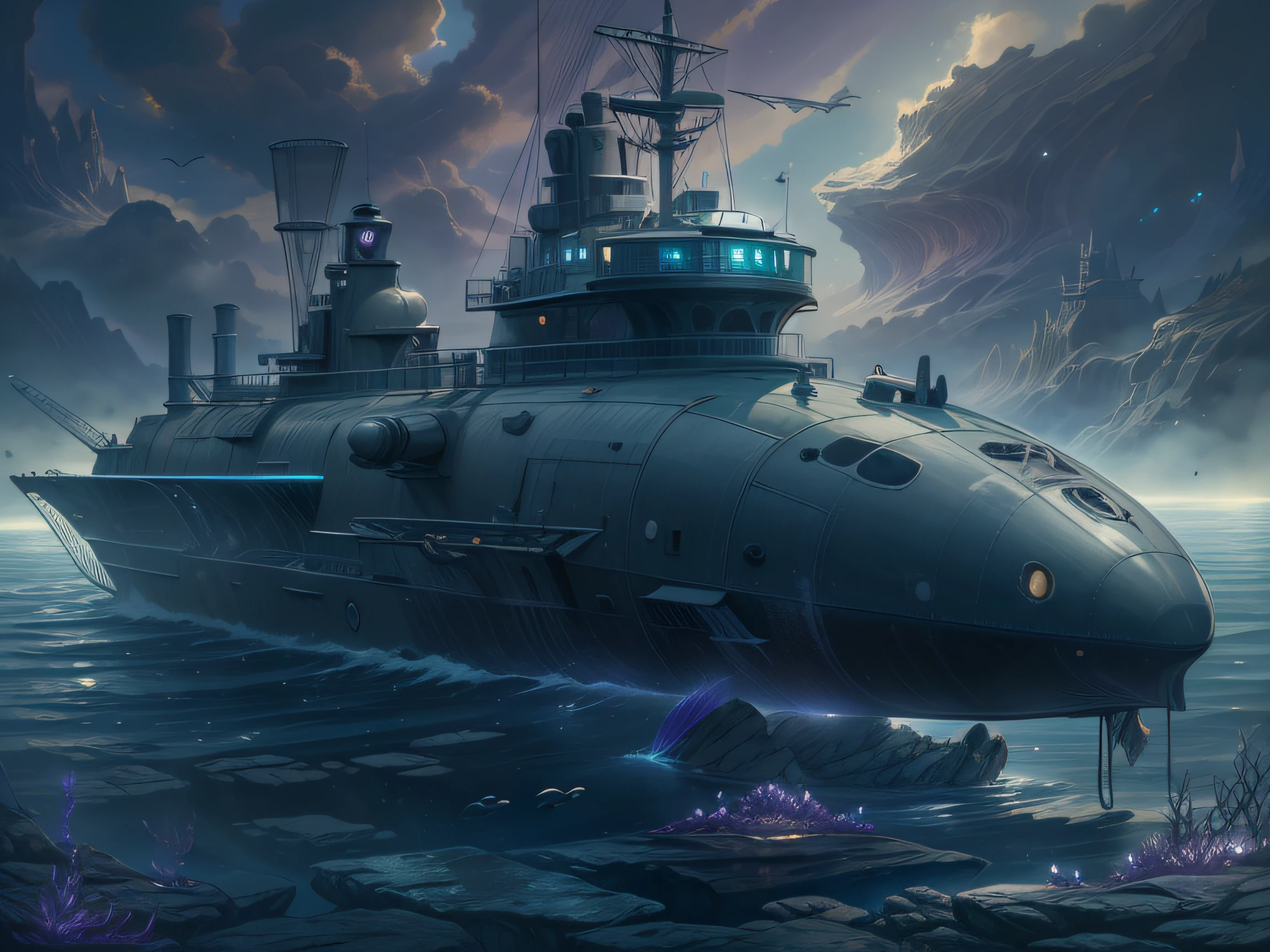 high-level image quality, ultra-detailliert, submarine, fantasy, (purple surroundings)