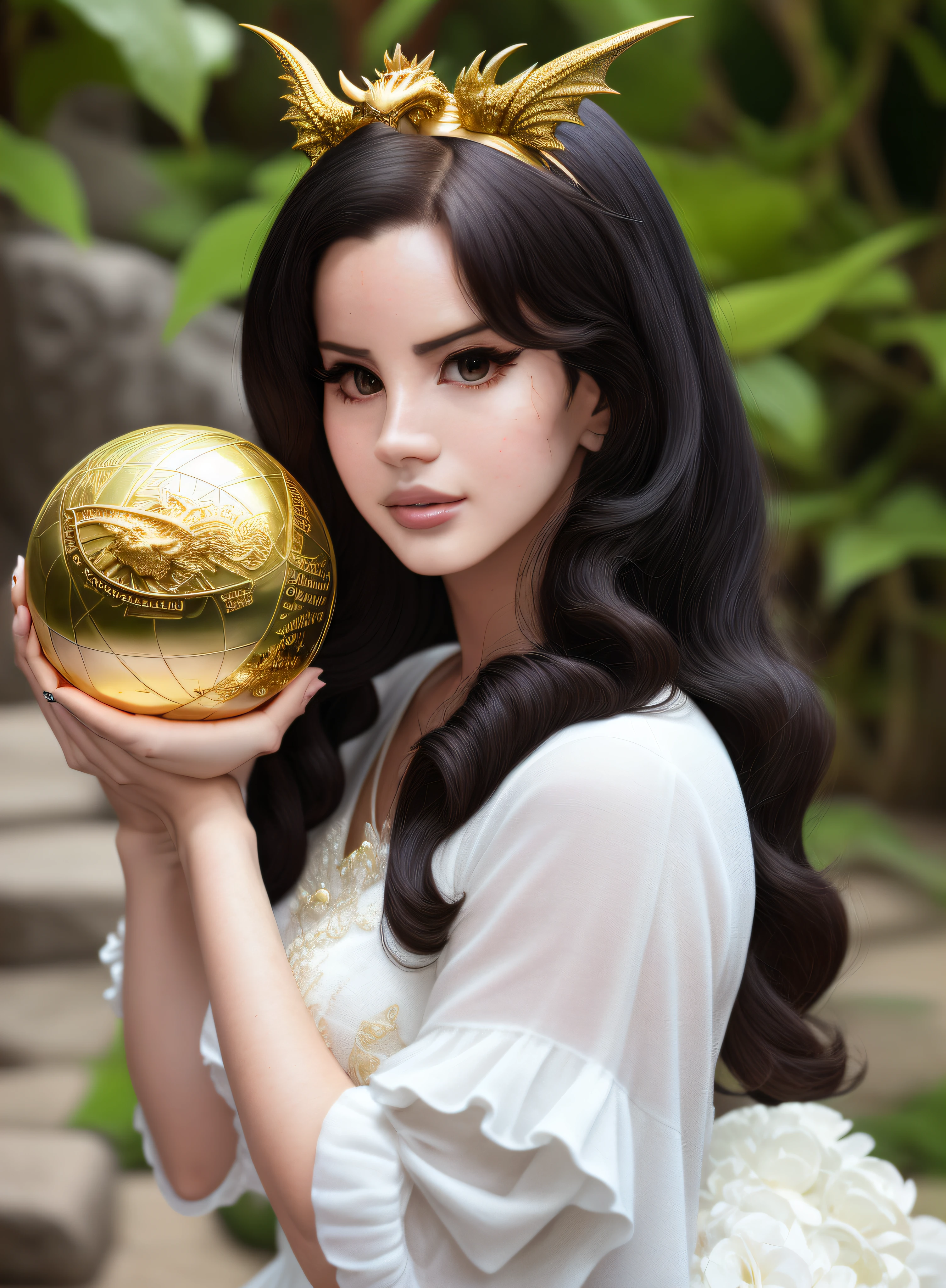 Lana del Rey holding a golden ball with a dragon on it, fantasia realista intrincada, amazing fantasy art, arte de fantasia realista, Arte de fantasia hiperrealista, realistic fantasy illustration, Capa de livro de fantasia, arte fantasia behance, arte de fantasia detalhada, fantasy illustrations, arte digital de fantasia detalhada, arte de fantasia digital em alta, arte de fantasia altamente detalhada, detailed fantasy illustration, Arte de Fantasia, dragon girl (8k, Foto RAW, best quality, master part:1.2), (Realistic, photo-realistic:1.37), best quality, ultra high-resolution, Luzes traseiras NFSW, Vazamentos de luz, dynamic lighting, esguio, pele lisa, (Pureerosface_v1:1),