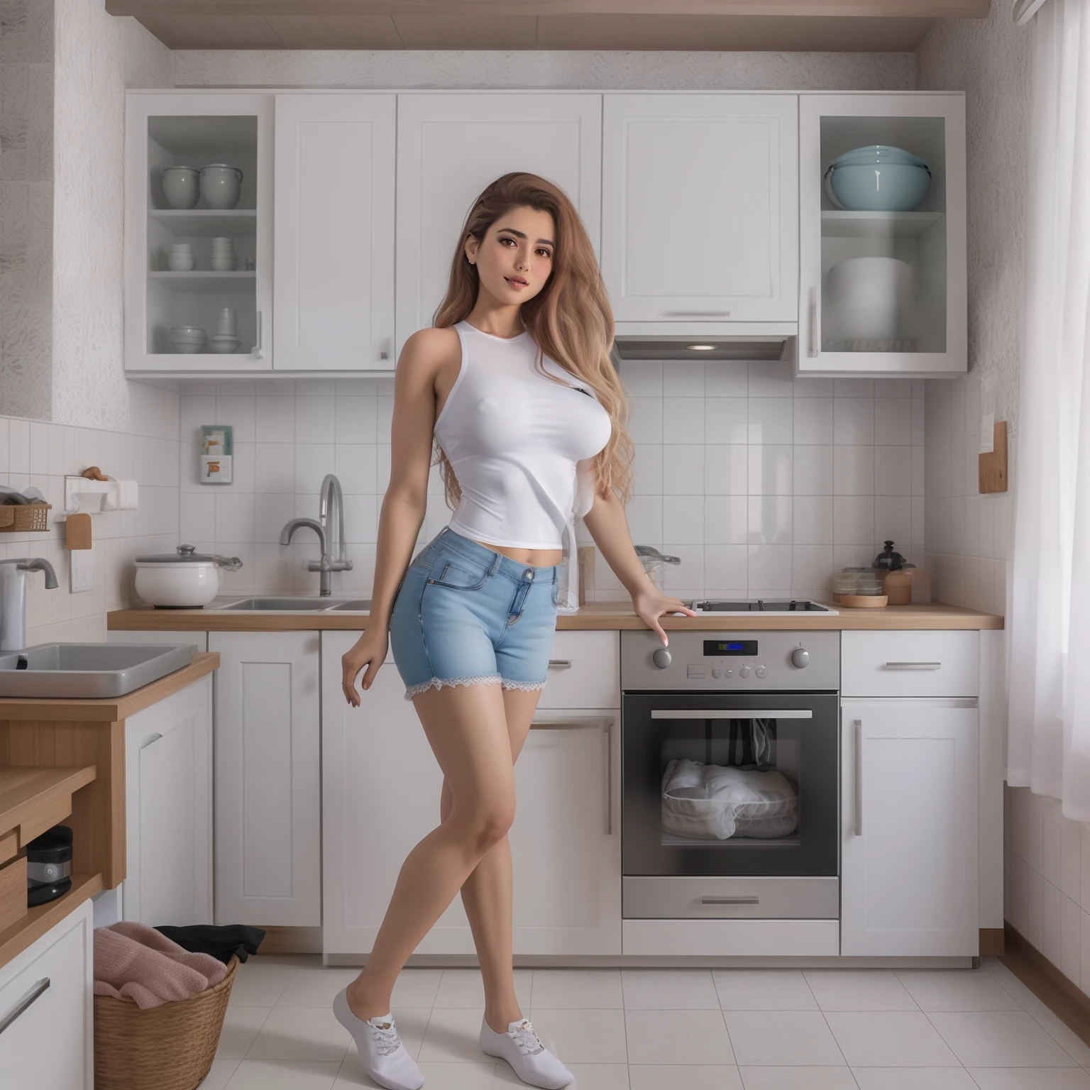 Mulher sem roupa na cozinha