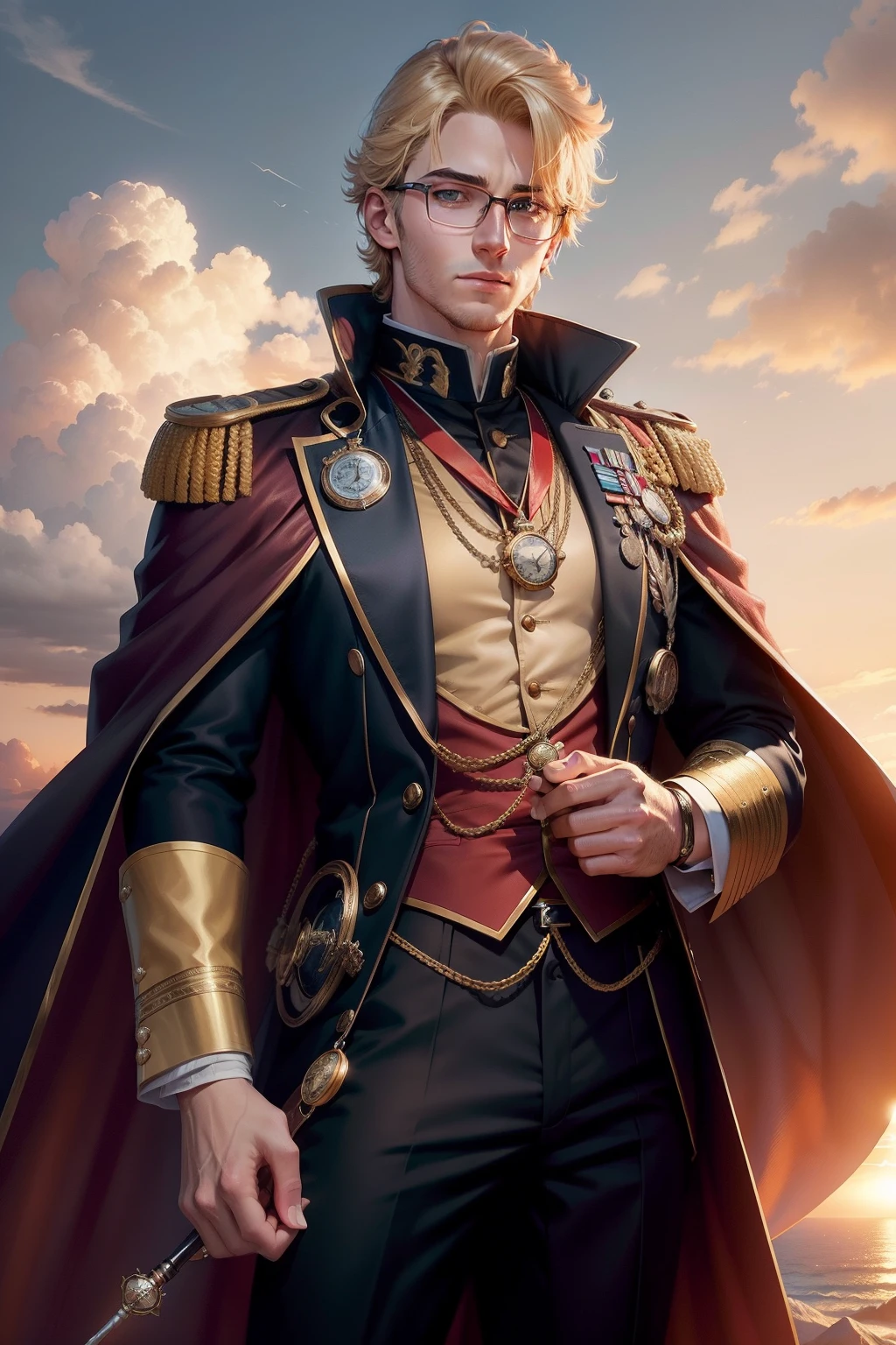 Peak, sunset, handsome young man, holding a pocket watch in his left hand and a scepter in his right hand, looking majestically at the sky with golden hair, single framed nose glasses in his right eye, marshal's uniform, medal, burning cloud, cloak, detailed