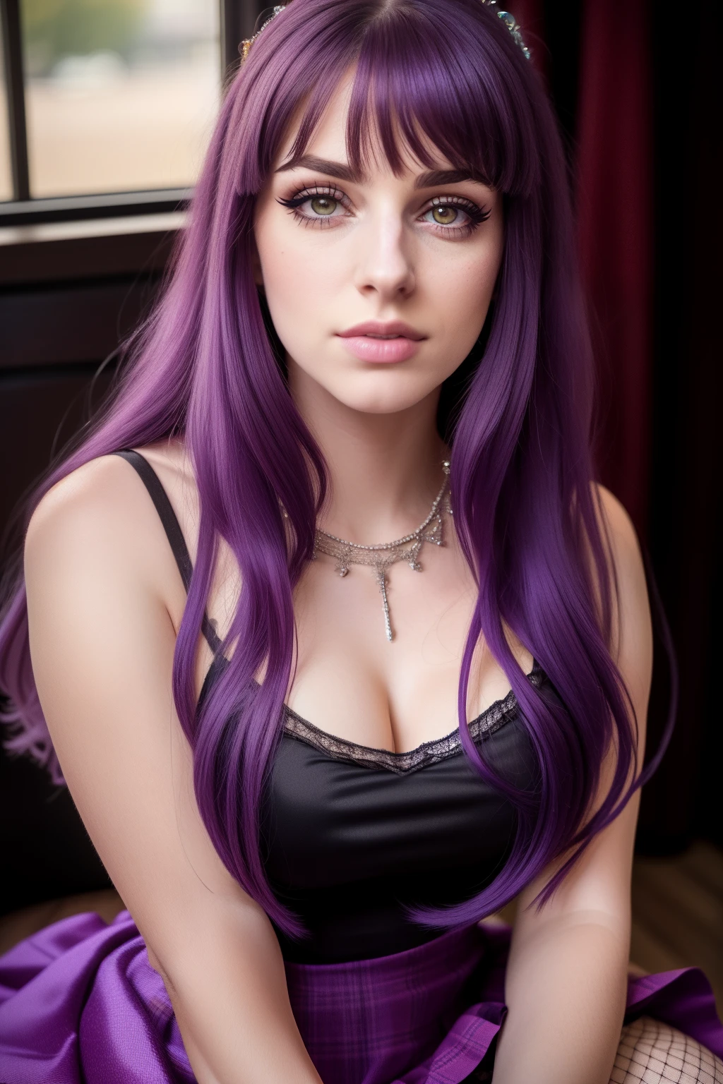 A woman with fair skin, red mouth, eyes browns, breasts big, big eyelashes, long purple hair with bangs straight nude.
