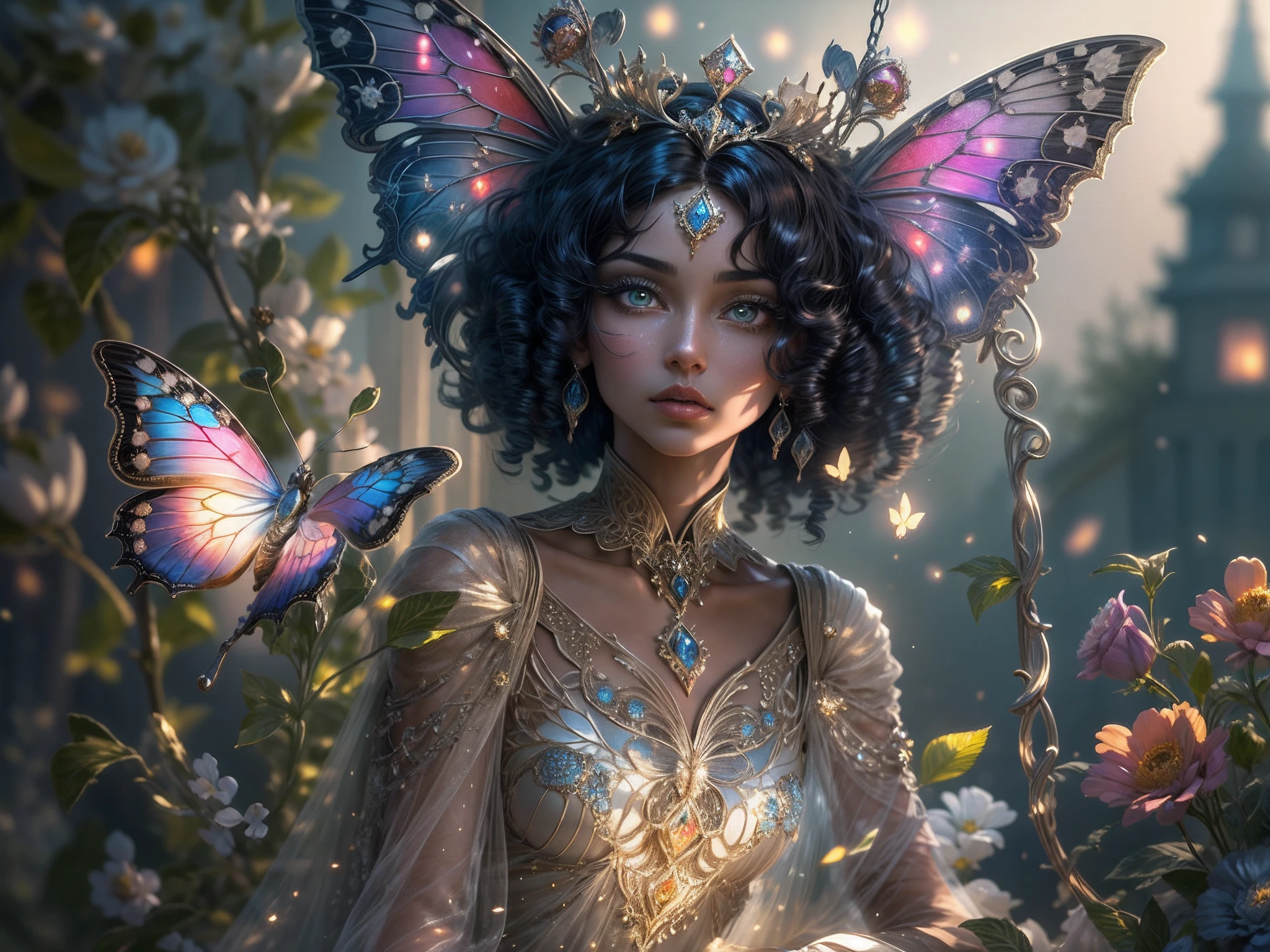 This is a realistic fantasy masterpiece with lots of shimmer, glitter, and intricate ornate detail. Generate one ite woman with a beautiful and delicate crown sitting on a garden swing at night. She is a beautiful and seductive butterfly queen with stunning curly black hair, (((incredibly realistic and detailed dynamic eyes in bright colors with realistic shading))). Her skin is translucent white, her eyes sparkle, and her dress is elegant. Her dress is spun of the finest gossamer silk with delicate, intricate, and subtle floral detailing and gold silk butterfly sleeves. Her face is lovely and lonely. Include glow-in-the-dark flowers, lots of particles, highly realistic fantasy butteflies with translucent jewel-toned wings and fine detailing, and glow. The artwork is done in the style of Guviz and brings to mind masters in the genre such as trending fantasy works on Artstation and Midjourney. Camera: Utilize dynamic composition techniques to emphasize etherealness and delicate detail.