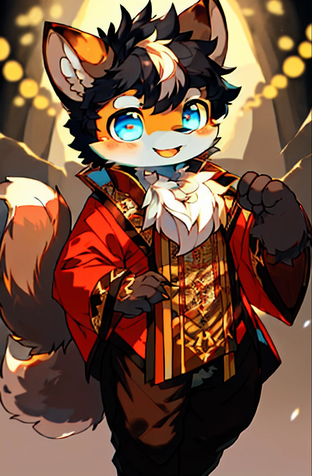 (1boys:1.3), Squirrel Boy, (hairy pubic:1.5), White fur, eBlue eyes, brunette color hair, bodyfur, hyper cute face, Beautiful lights and shadows, ambient lights, Ultra-detailed fur, (full bodyesbian:1.1), lighting perfect, light particules, (tmasterpiece), (ultra - detailed), Sharp focus, light particules, niji, Eye God, Blushlush, Black hair, short detailed hair, silber hair, ssmile, 独奏, looking at viewert, ssmile, 独奏, shaggy, Animal ear villi, Pair of Han clothes, Leggings pants,large tail, with her mouth open, (best qualtiy) JW3, (Chinese art), Large round ears, depth of fields,