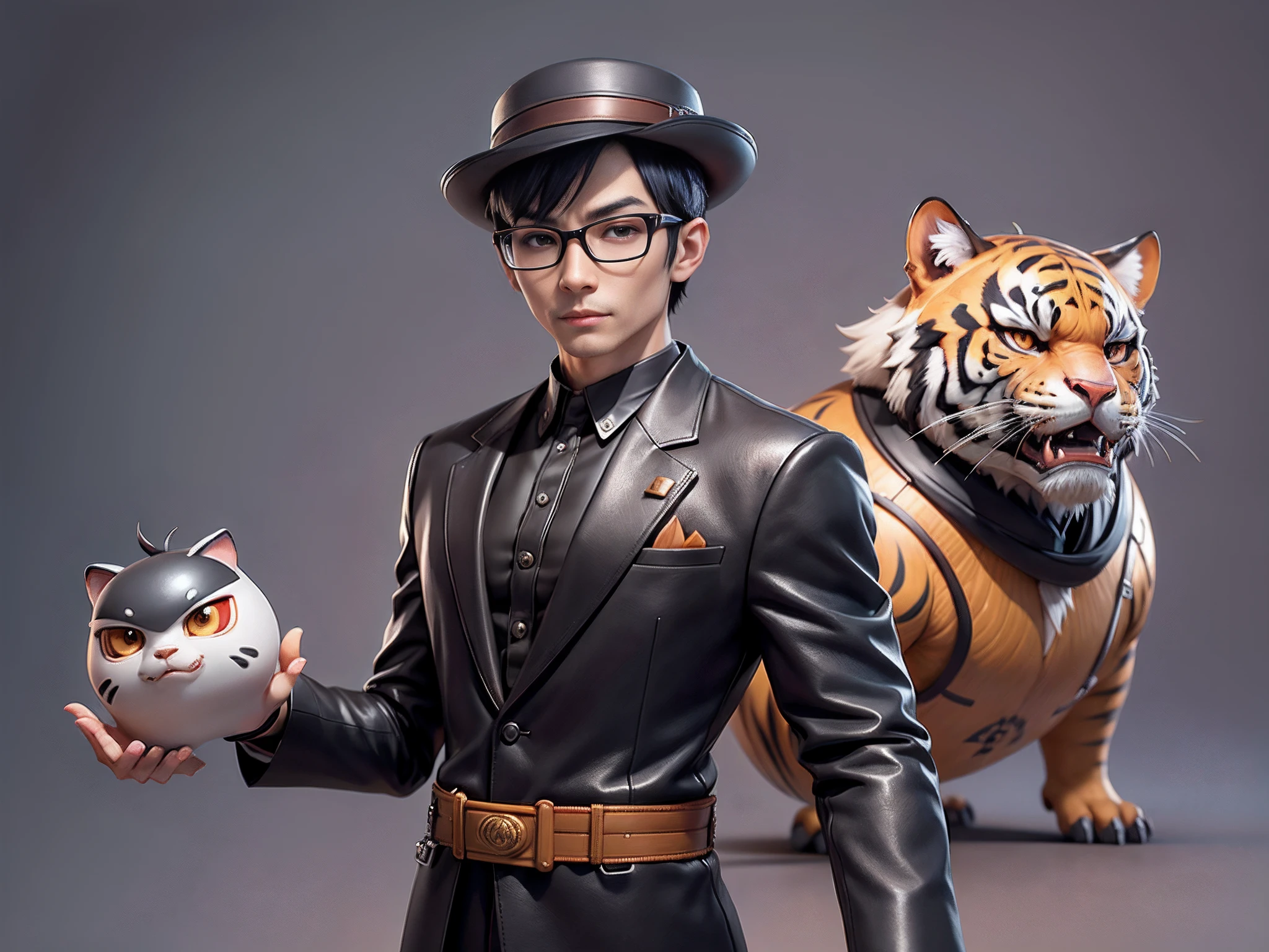 Young man with oriental face in leather hat, tiger, oriental face in formal suit, short black hair, silver glasses, digital painting, 3D character design by Mark Clairedon and Pixar and Hayao Miyazaki and Akira Toriyama, the illustration is a high-definition illustration in 4K resolution with very detailed facial features and cartoon-style visuals.