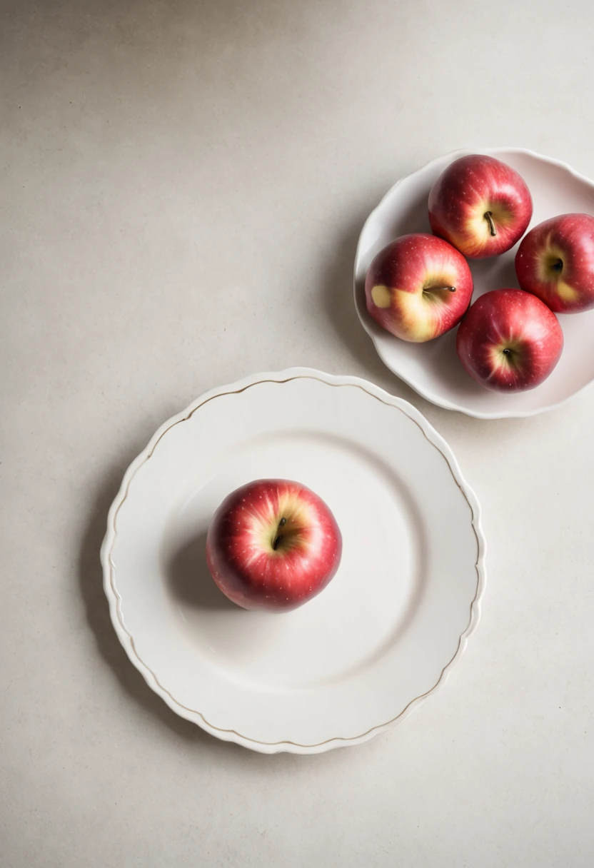 red apple on white plate, plate on table, in kitchen, 70's italian home, window with sunlight beaming in, cozy setting, realistic