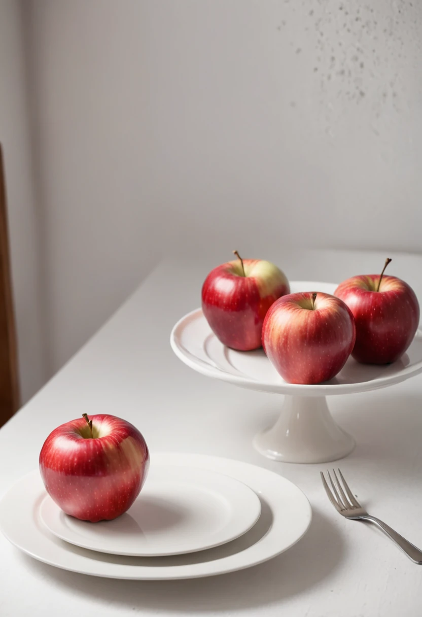 red apple on white plate, plate on table, in kitchen, 70's italian home, window with sunlight beaming in, cozy setting, realistic