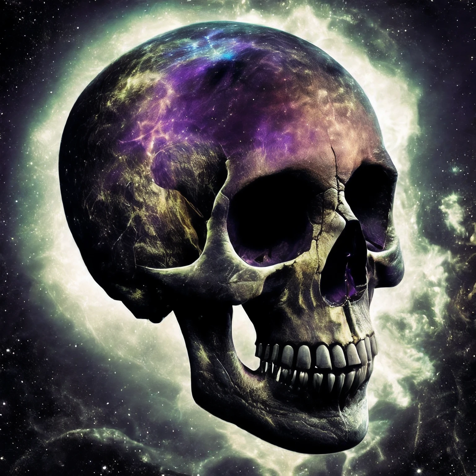 a skull with a full moon in the background, fantasy skull, alien skull, nebula with the shape of a skull, alien skulls, death skull, sacred skull, dmt ego of death, morphing skulls, skull like, profile pic, in the astral plane ) ) ), a skull of an alien creature, space quantum death. deep space, astral appearance