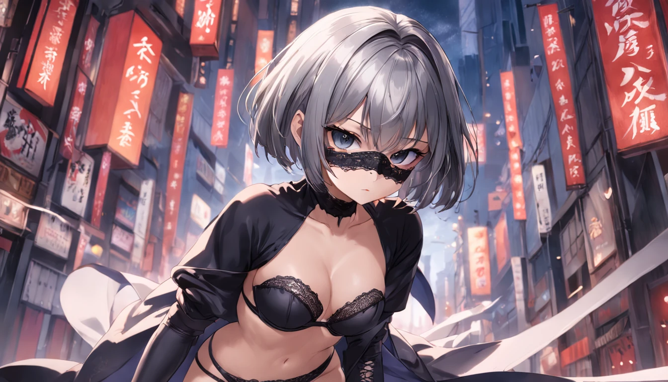 Silver short bob hair,black eye mask,Openwork underwear,Black tights with large breasts,Waste soil style,katana swords