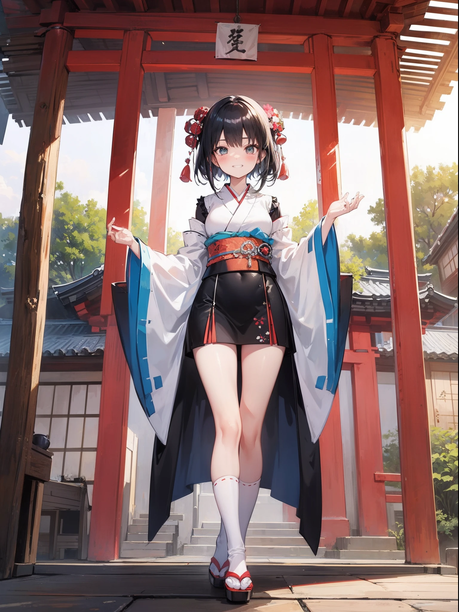 ((masutepiece)), ((Best Quality)), (Ultra-detailed), ((kawaii)), Cute, (lovely), ((Sexy)), (Ero), ((Extremely detailed)), 4K, (8K), Best Quality, (Beautiful), Illustration, Anime style, Painting, Dynamic Angle, Full body, full body Esbian, Angle looking up from below, (Shrine of Japan), (Sit in the precincts), Open your legs, Gradation, full body focus, Dim Shrine, Cute little girl , 1girl , kaguya - love is war, Solo, shrine maiden, Beautiful black hair, Rblack eyes, ((Beautiful eyes)), White-skinned, Randomly selected hairstyles, Buttocks, small breasts, Smirk, grin, (blush), sparkling effect, Lens Flare, shiny-glistening, gleaming