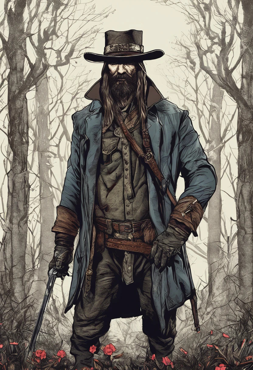 Image of a man with hat and long beard, digital art by Tadeusz Pruszkówski, Vencedor do concurso Artstation, arte de fantasia, portrait of a bloodborne hunter, Tiroteio, Arte digital altamente detalhada em 4k, Arte digital escura, mas detalhada, Esqueleto Cowboy, Arte digital detalhada em 4k