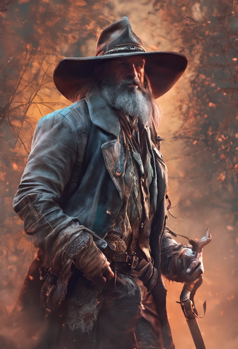 Image of a man with hat and long beard, digital art by Tadeusz Pruszkówski, Vencedor do concurso Artstation, arte de fantasia, portrait of a bloodborne hunter, Tiroteio, Arte digital altamente detalhada em 4k, Arte digital escura, mas detalhada, Esqueleto Cowboy, Arte digital detalhada em 4k