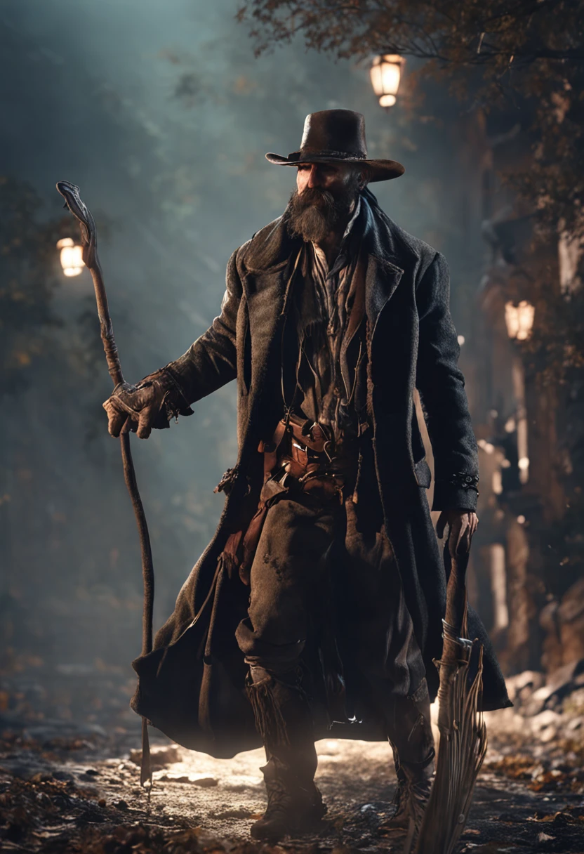 Image of a man with hat and long beard, digital art by Tadeusz Pruszkówski, Vencedor do concurso Artstation, arte de fantasia, portrait of a bloodborne hunter, Tiroteio, Arte digital altamente detalhada em 4k, Arte digital escura, mas detalhada, Esqueleto Cowboy, Arte digital detalhada em 4k
