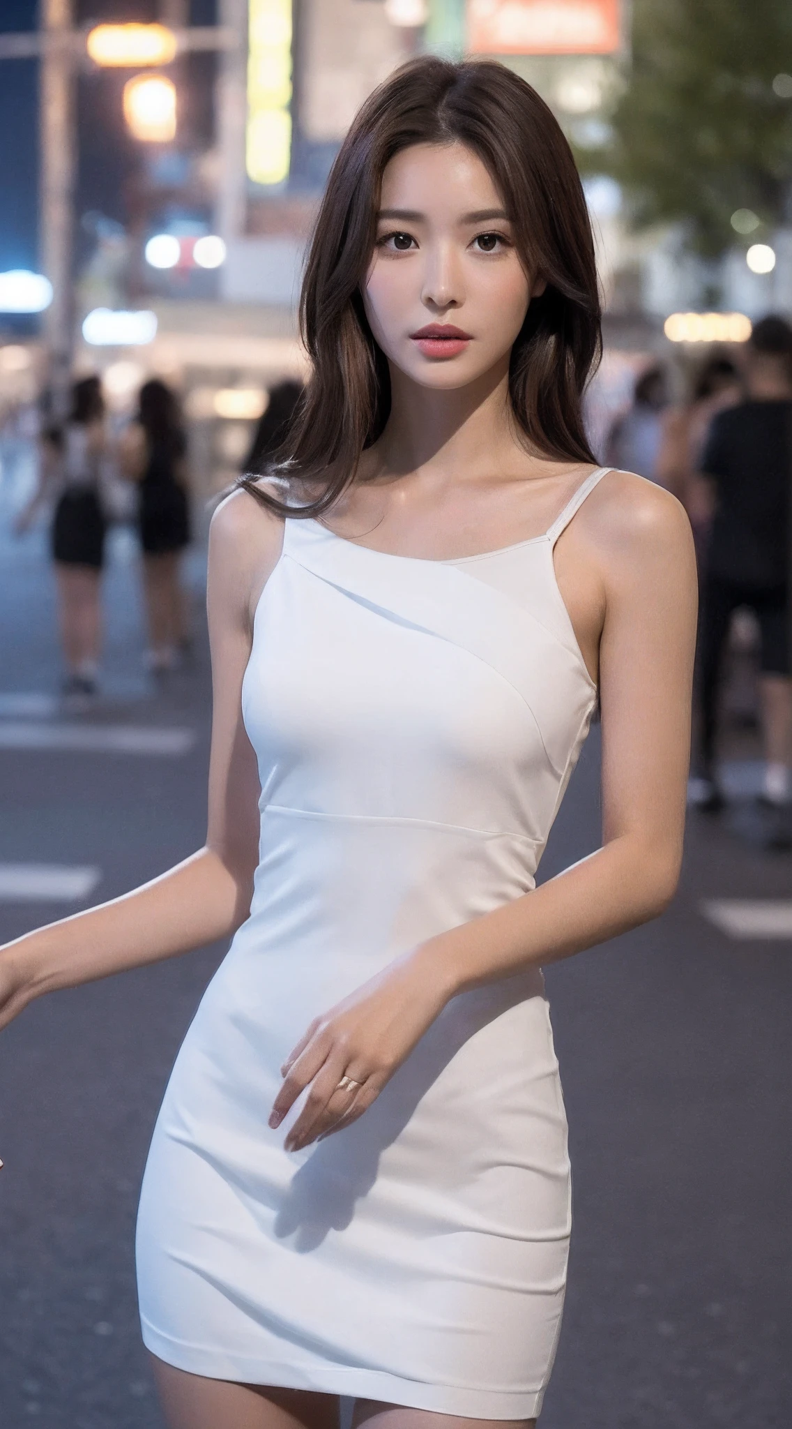 ((Realistic lighting, Best quality, 8K, Masterpiece: 1.3)), Clear focus: 1.2, 1girl, Perfect body beauty: 1.4, Slim abs: 1.1, ((dark brown hair)), (White dress: 1.4), (Outdoor, night: 1.1), City Street, Super Fine Face, Fine blue Eyes, Double Eyelids, (Over the knee black stockings: 1.5)