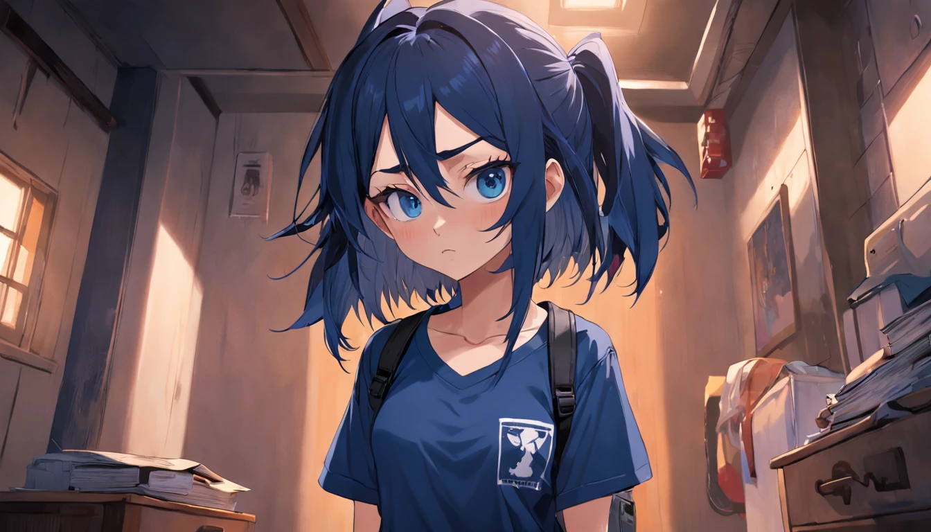 one annoyed 20 year old, female bully t-shirt outfit, navy blue hair gothic, in bedroom, glaring at viewer in disgust, spiky necklace, carrying heavy bookbag, focus on face, blue_eyes, navy blue t-shirt, dark room