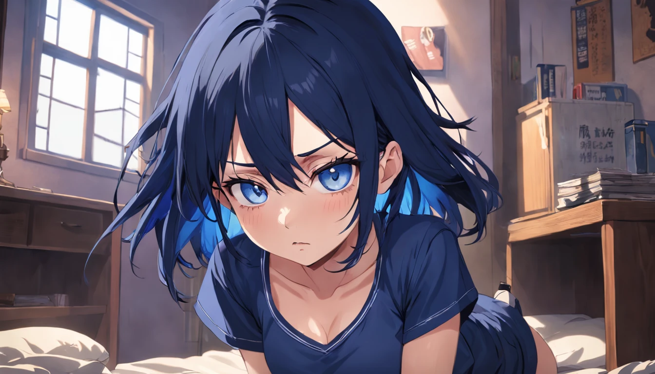 one annoyed 20 year old, female bully t-shirt outfit, navy blue hair gothic, in bedroom, glaring at viewer in disgust, spiky necklace, carrying heavy bookbag, focus on face, blue_eyes, navy blue t-shirt, dark room