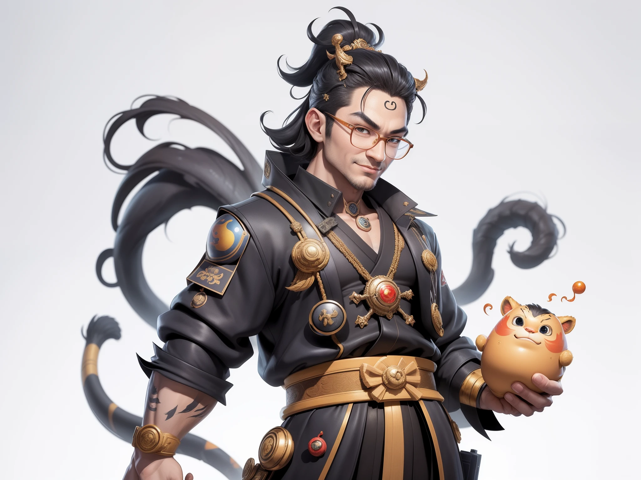 (Masterpiece), (Excellent), (Super Meticulous), (Full Body: 1.2), Super Young Man with Japanese Female Geisha, Pretty, Beautiful, Chinese Dragon, Tiger, Wind God Thor, Sexy, Bursting, Oriental Face, TV Anchor, Bust Portrait Illustration, Black Suit, Blue Tie, Slightly Chubby Face, Silver Glasses, Very Clean Face, No Beard on Chin, Black Super Short Hair, Black Eyes, Confident Smile, 3c Computer Sub-Products, iPad, iPhone, Digital Painting, 3D character design by Mark Clairedon and Pixar and Hayao Miyazaki and Akira Toriyama, the illustrations are HD illustrations in 4K resolution with highly detailed facial features and cartoon-style visuals.