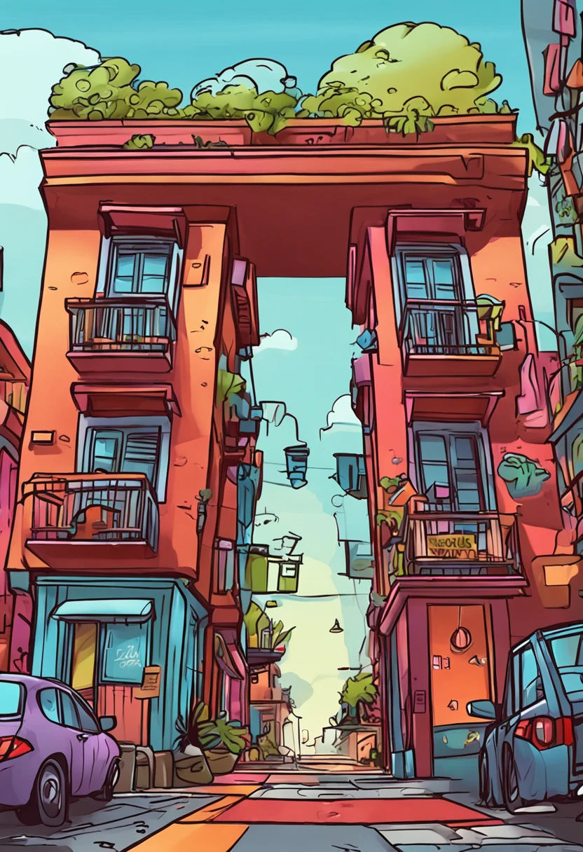 cidade colorida, bem desenhada, cartoon, realce nas cores