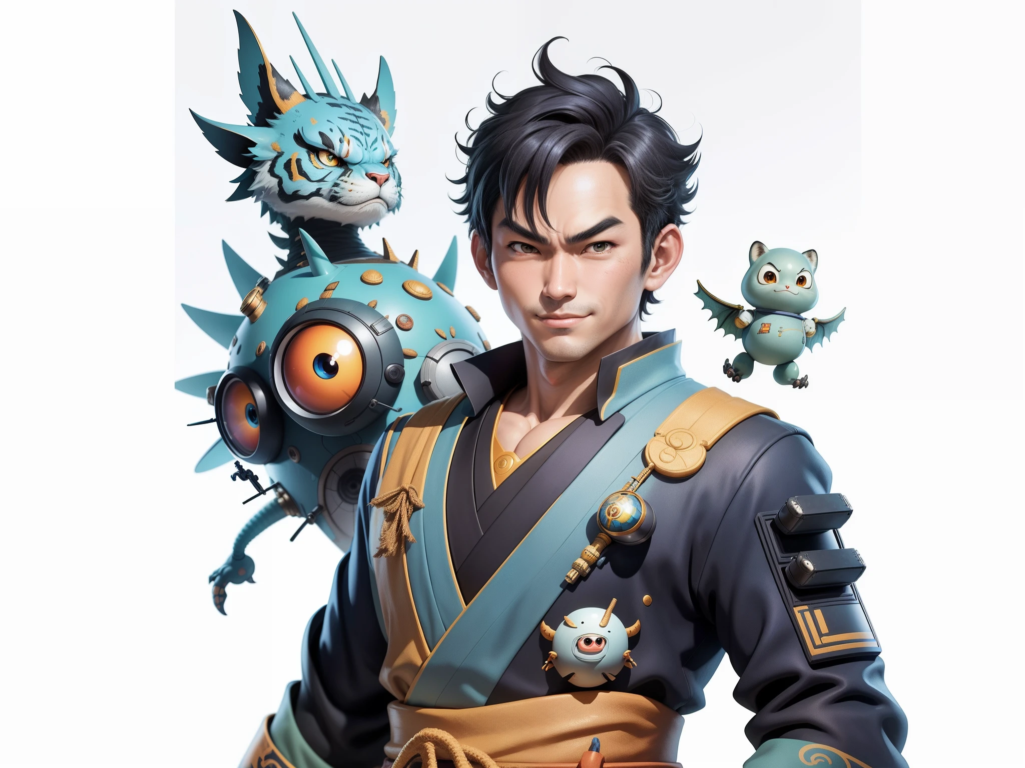 (Daisaku),(Need),(Super meticulous),(full bodyesbian:1.2),Super young man with Japanese geisha,Beautiful,Oriental dragon,Aeolian Thor,Raised sexy,爆乳,Oriental face,TV Anchor,Bust portrait illustration,In black suit,a blue tie,The face is slightly chubby,The face was clean,without a beard,Black super short hair,Black eyes,Smile confidently,3C computer sub-products,iPad, iphone,Digital painting,3D character design by Mark Clairen and Pixar and Hayao Miyazaki and Akira Toriyama,The illustration is a high-definition illustration in 4K resolution,With very detailed facial features and cartoon-style visuals。