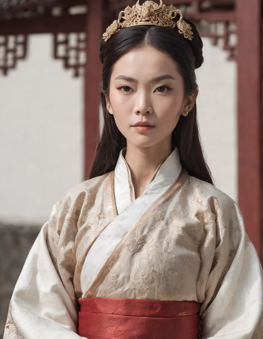 Imperadores da China antiga，Dinastia Shang，Hanfu branco vestido，Asian people，55 anos，Fei Xiang，face quadrada，olhos profundos，barba，sentado em um trono real，Look at the camera condescendingly，Behind it is a beautiful Chinese pattern，best quality, master part, ultrahigh-resolution