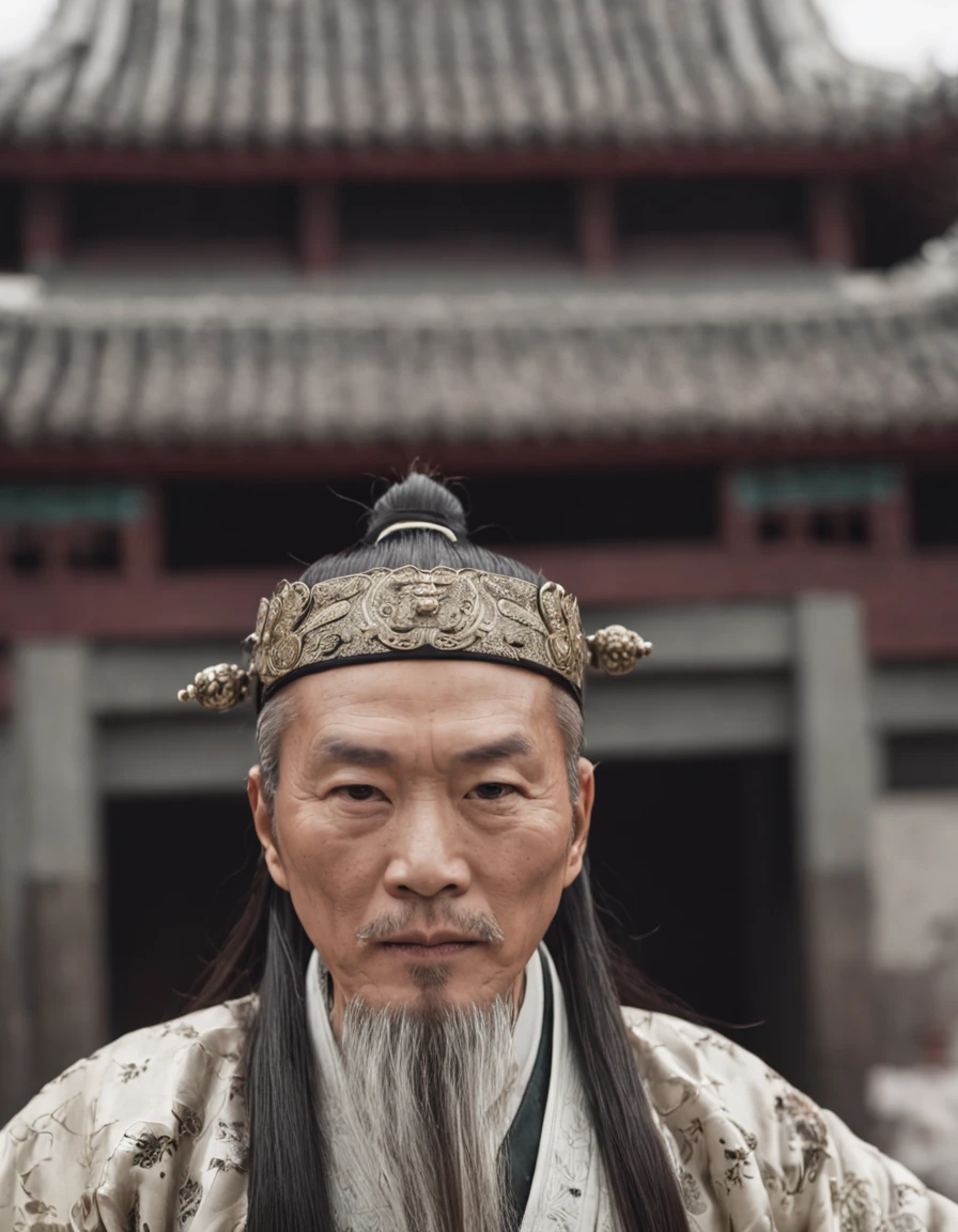 Imperadores da China antiga,Dinastia Shang,Hanfu branco vestido,Asian people,55 anos,Fei Xiang,face quadrada,olhos profundos,barba,sentado em um trono real,Look at the camera condescendingly,Behind it is a beautiful Chinese pattern,best quality, master part, ultrahigh-resolution