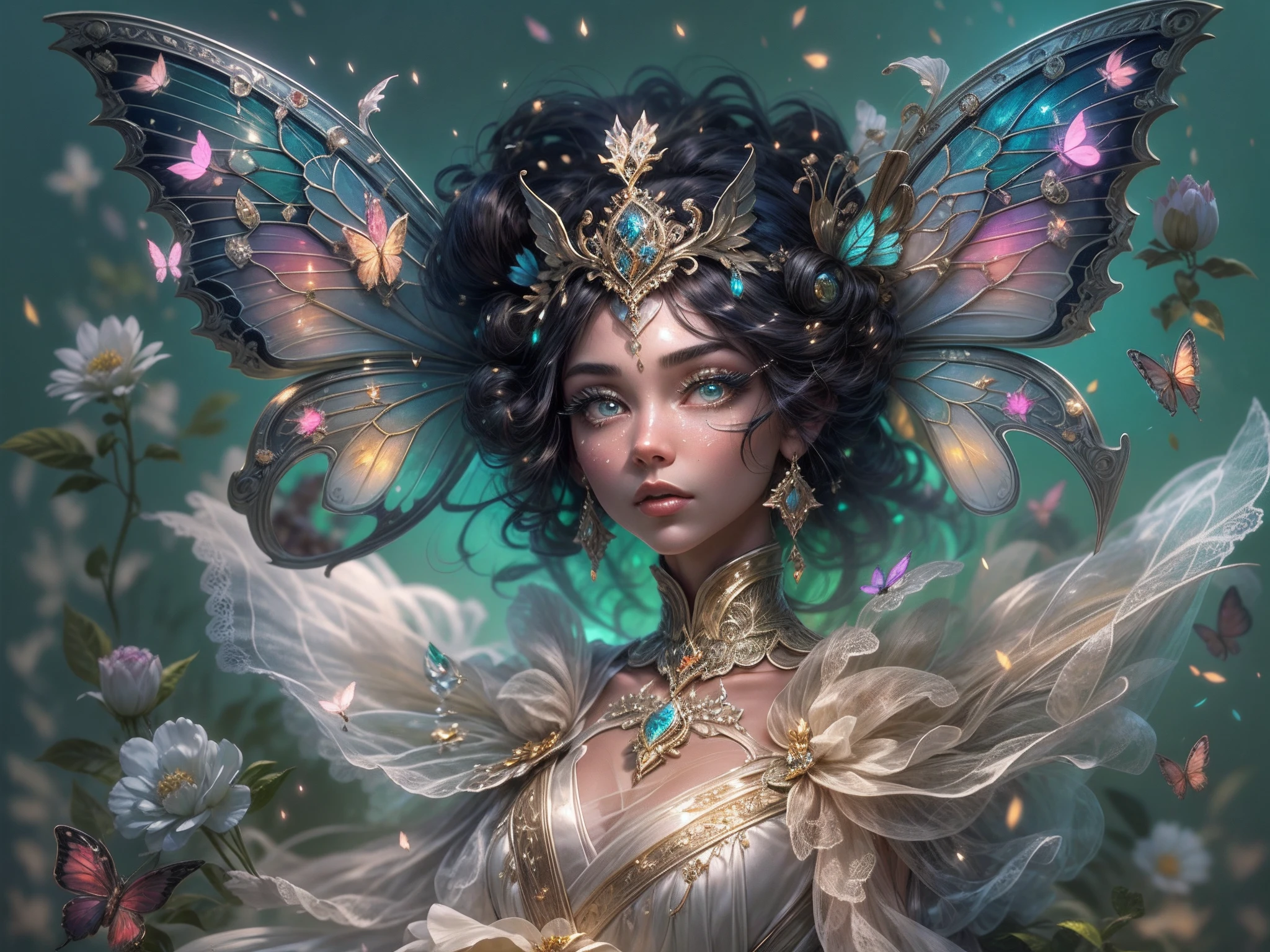 This is a realistic fantasy masterpiece with lots of shimmer, glitter, and intricate ornate detail. Generate one petite woman with a beautiful and delicate crown sitting on a garden swing at night. She is a beautiful and seductive butterfly queen with stunning curly black hair, (((incredibly realistic and detailed dynamic eyes in bright colors with realistic shading))).  Her skin is translucent white, her eyes sparkle, and her dress is elegant. Her dress is spun of the finest gossamer silk with delicate, intricate, and subtle floral detailing and gold silk butterfly sleeves. Her face is lovely and lonely. Include glow-in-the-dark flowers, lots of particles, highly realistic fantasy butteflies with translucent jewel-toned wings and fine detailing, and glow. The artwork is done in the style of Guviz and brings to mind masters in the genre such as trending fantasy works on Artstation and Midjourney. Camera: Utilize dynamic composition techniques to emphasize etherealness and delicate detail.