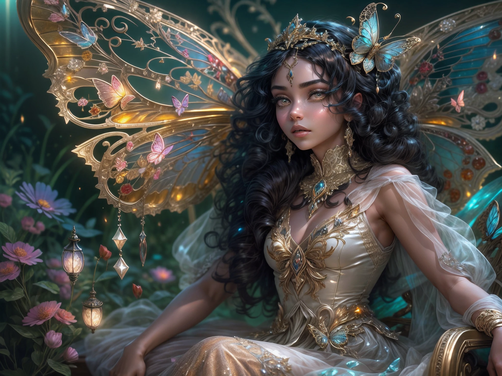 This is a realistic fantasy masterpiece with lots of shimmer, glitter, and intricate ornate detail. Generate one ite woman with a beautiful and delicate crown sitting on a garden swing at night. She is a beautiful and seductive butterfly queen with stunning curly black hair, (((incredibly realistic and detailed dynamic eyes in bright colors with realistic shading))).  Her skin is translucent white, her eyes sparkle, and her dress is elegant. Her dress is spun of the finest gossamer silk with delicate, intricate, and subtle floral detailing and gold silk butterfly sleeves. Her face is lovely and lonely. Include glow-in-the-dark flowers, lots of particles, highly realistic fantasy butteflies with translucent jewel-toned wings and fine detailing, and glow. The artwork is done in the style of Guviz and brings to mind masters in the genre such as trending fantasy works on Artstation and Midjourney. Camera: Utilize dynamic composition techniques to emphasize etherealness and delicate detail.