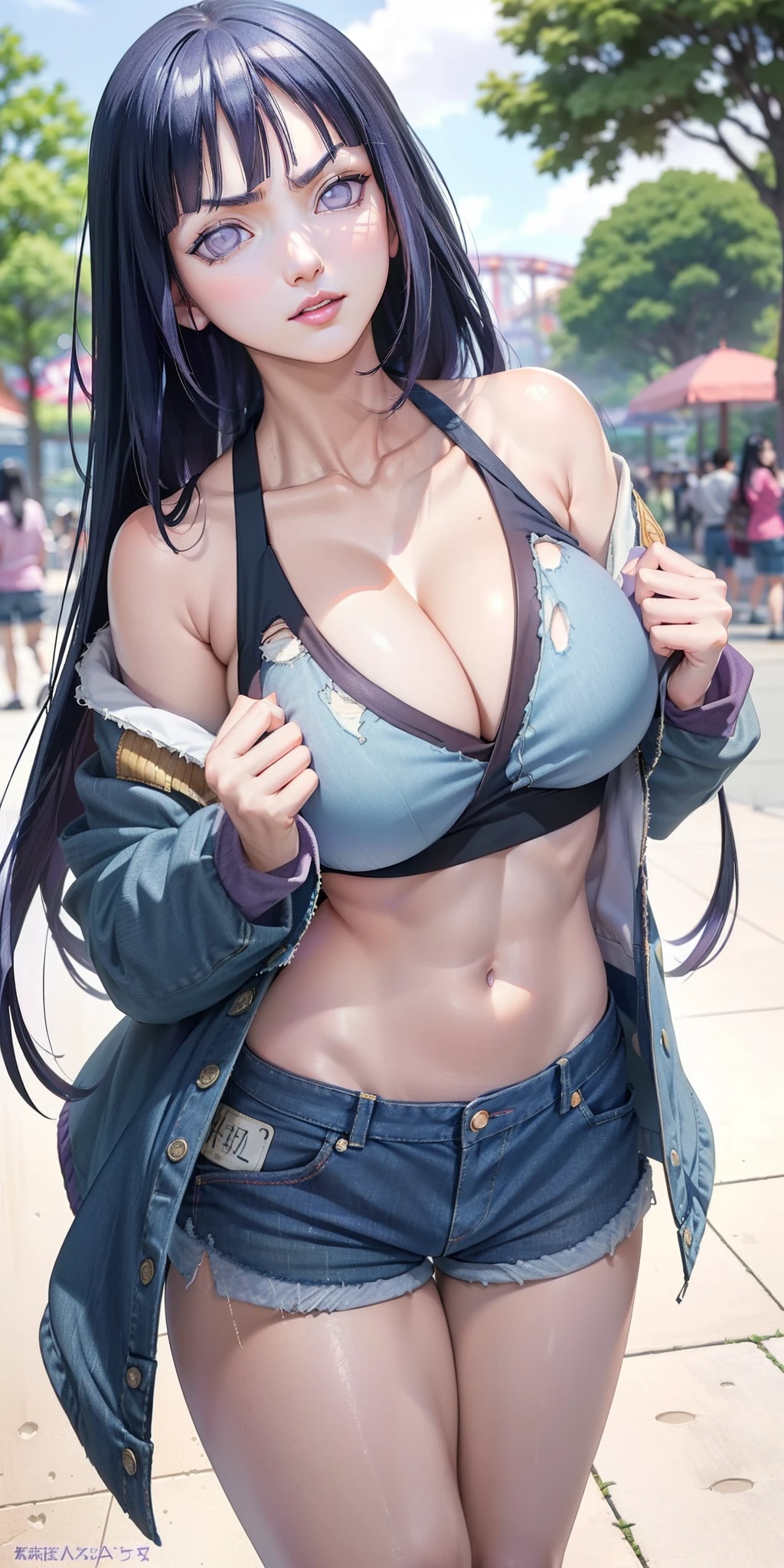 perfect big breasts (((Hinata Hyuga)))) masterpiece, ((long straight dark blue hair with bangs )), ((her eyes have a variable lilac color.))) extremely sexy body, ((jacket stylish crimson red top underneath)) ((torn denim shorts)), beautiful lips, perfect lips, serious expression, charming pose, at the amusement park