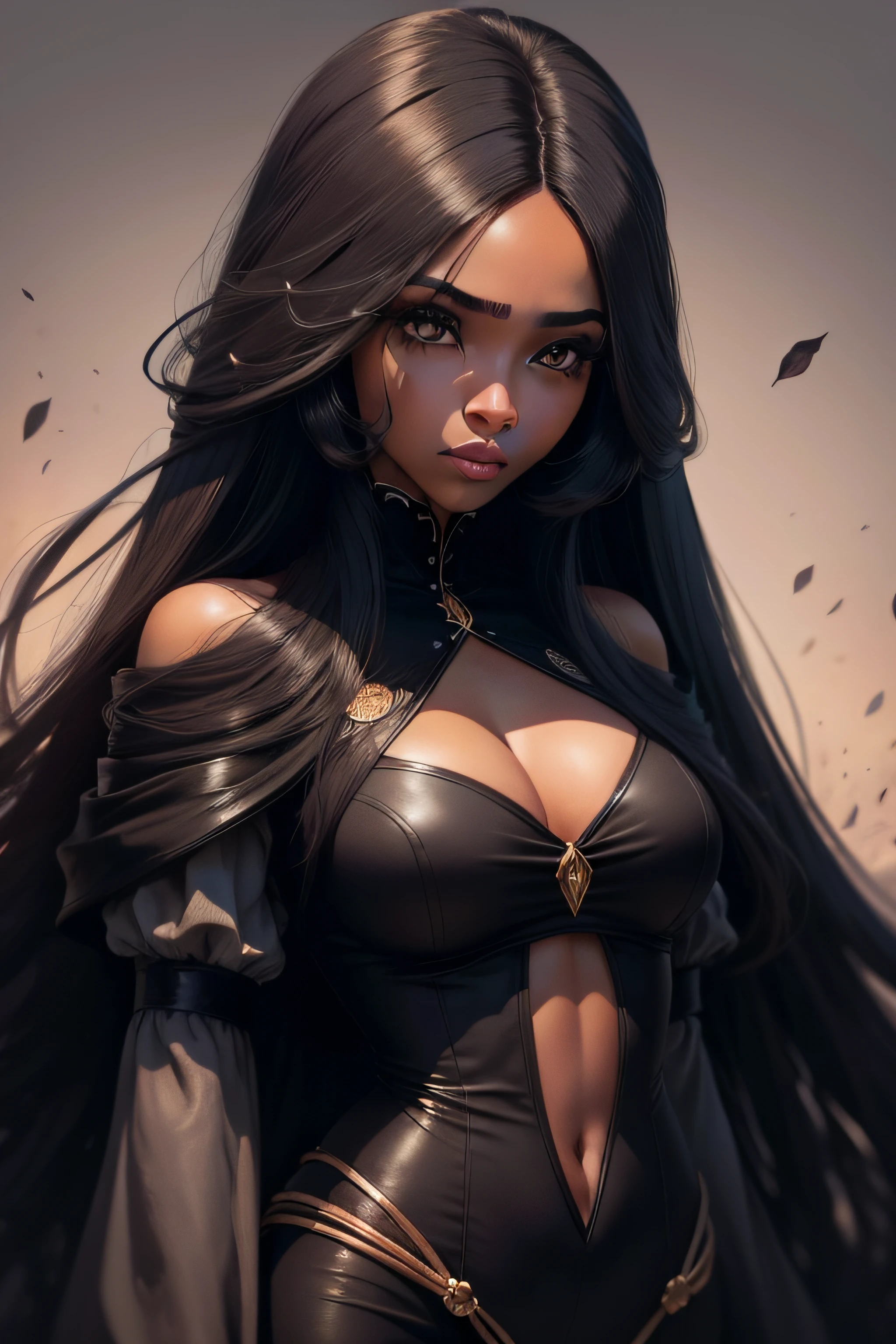 personagem negra com olhos grandes e negros, large eyelashes and long hair, roupas longas