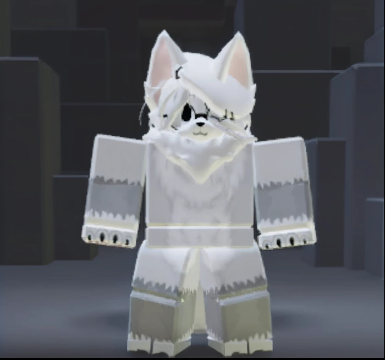 a close up of a white and black cat in a white outfit, white scary skin, legoshi from beastars, generic furry style, roblox avatar, furry character, chrome outfit, wolf armor, furry wolf, lineless, an anthropomorphic wolf, a minotaur wolf, anthropomorphic wolf, beastars legoshi, an anthro wolf