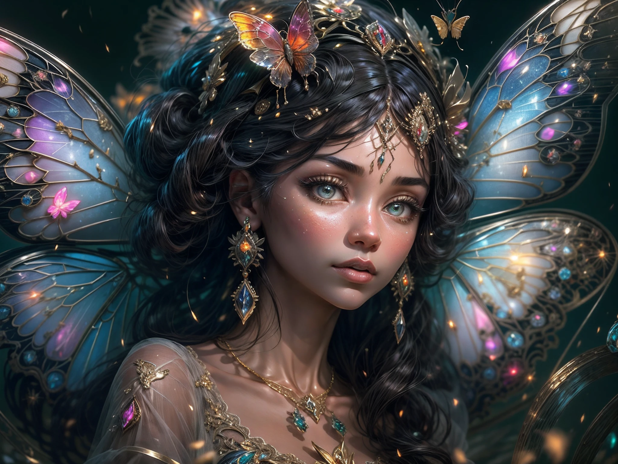 This is a realistic fantasy masterpiece with lots of shimmer, glitter, and intricate ornate detail. Generate one petite woman with a beautiful and delicate crown sitting on a garden swing at night. She is a beautiful and seductive butterfly queen with stunning curly black hair, (((incredibly realistic and detailed dynamic eyes in bright colors with realistic shading))).  Her skin is translucent white, her eyes sparkle, and her dress is elegant. Her dress is spun of the finest gossamer silk with delicate, intricate, and subtle floral detailing and gold silk butterfly sleeves. Her face is lovely and lonely. Include glow-in-the-dark flowers, lots of particles, highly realistic fantasy butteflies with translucent jewel-toned wings and fine detailing, and glow. The artwork is done in the style of Guviz and brings to mind masters in the genre such as trending fantasy works on Artstation and Midjourney. Camera: Utilize dynamic composition techniques to emphasize etherealness and delicate detail.