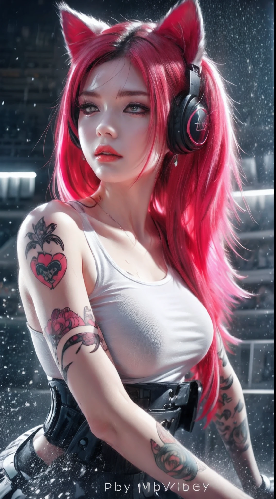 cat ear，Climb up and entertain the audience，Seductive eye details，cropped shoulders，huge tit，the skin is wet，do lado de fora，Tifa
Mechs full of holes
schoolgirl，Fuchsia hair，With silver headphones，Blue eyes，Red lips are attractive，The upper part of the body，white  shirt，cropped shoulders，huge tit，There are tattoos on the shoulders