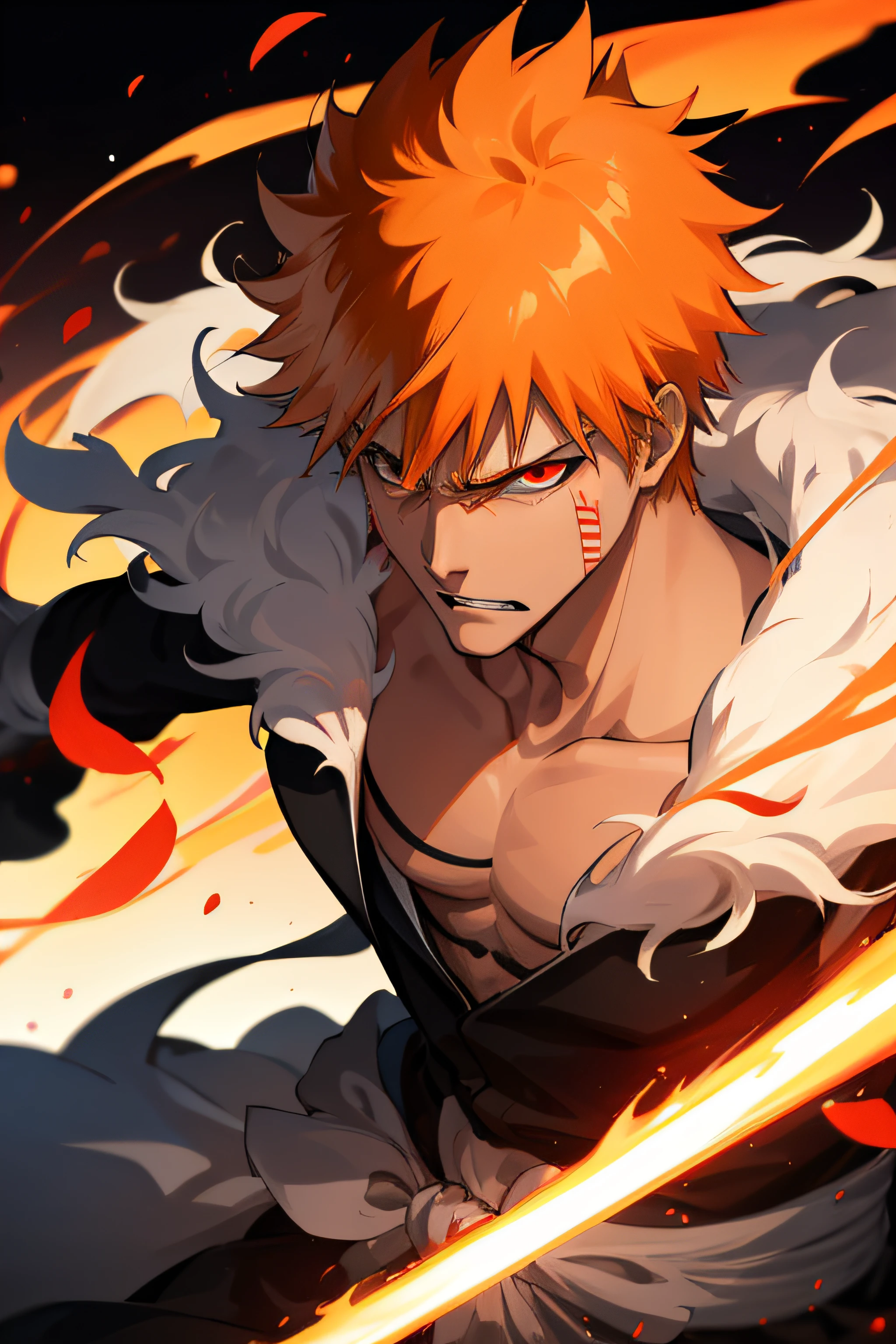 Ichigo kurosaki, close up, orange hair, glowing red eyes, angry face, shouting, blur background, masterpiece, 8k, hd, with his sword