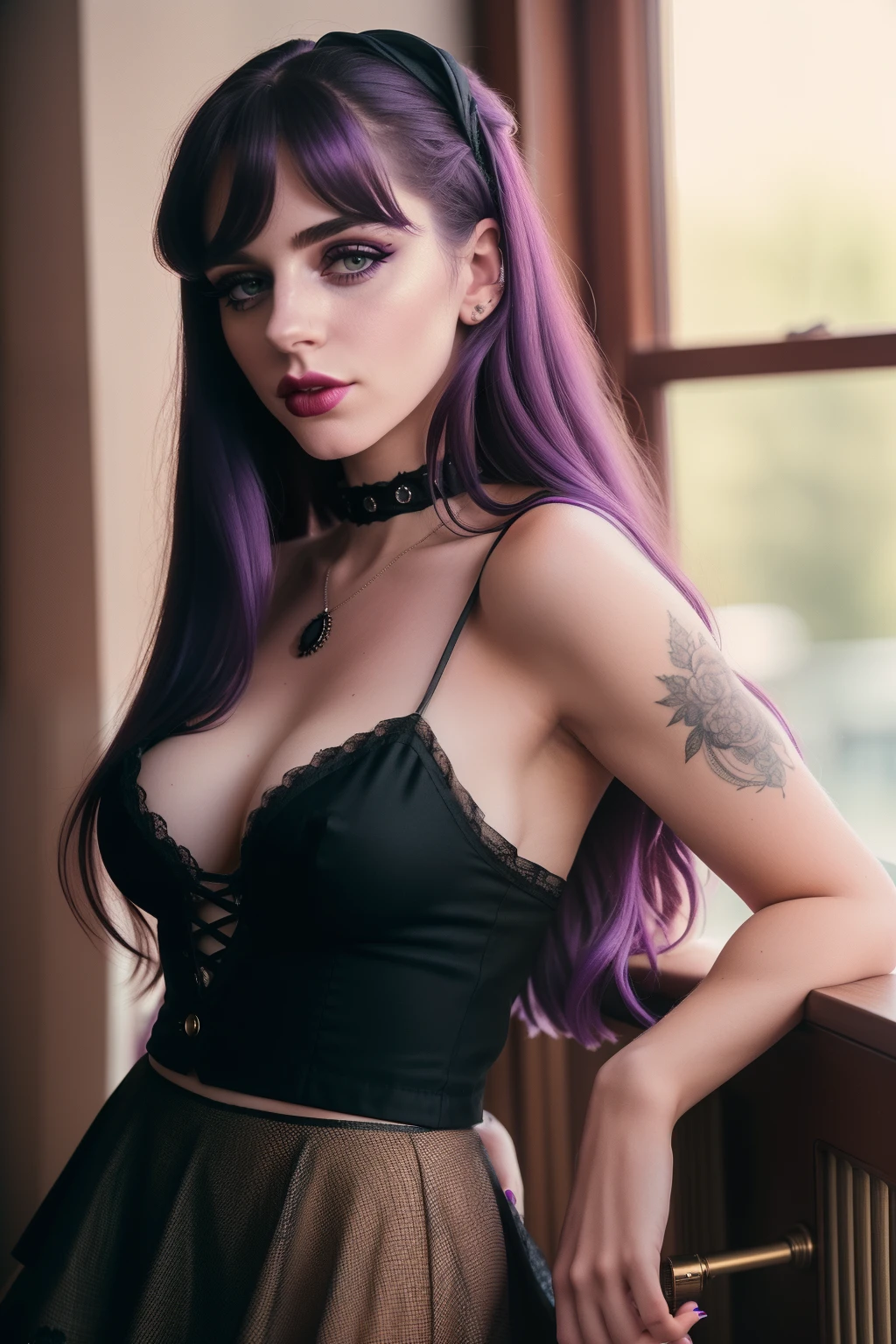 (masterpiece), cinematic film still, modelshoot style, (full body shot) of beautiful woman, (long hair), purple hair, (perfect face), (detailed facial features), (makeup), seductive look, (emo, e-girl, goth), (amazing body), (detailed skin), (skin pores), (wearing tank-top and skirt and fishnets), indoors, looking at viewer, (detailed background), shallow depth of field, (detailed), photographed on a Kodak box camera,