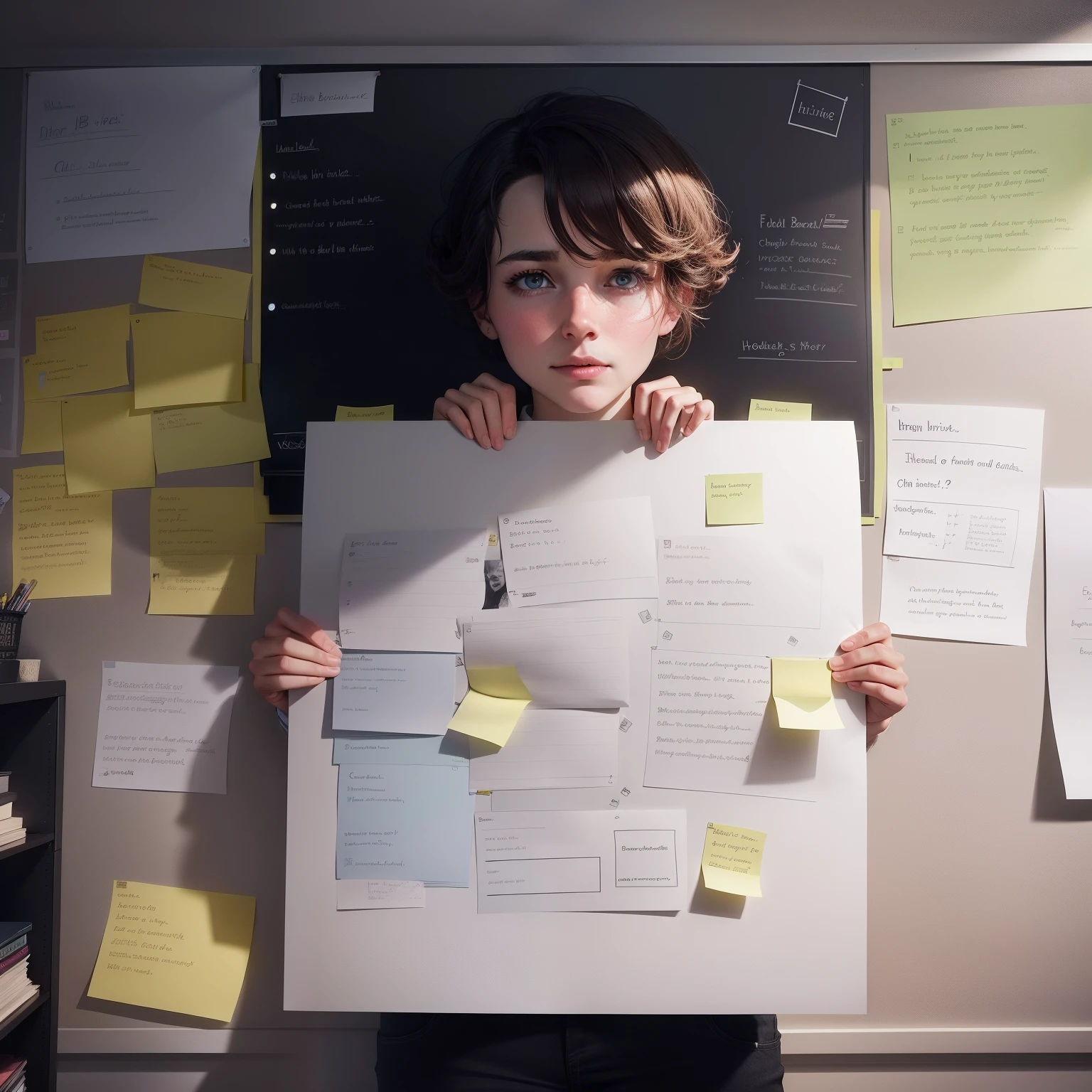 "Illustrious Charlie Brooke in the Writers' Room, discuss《Black Mirror》Innovative concept for the series, Use a board full of post-it notes and notes, Show off your bright mind and ability to create compelling stories."multiple persons