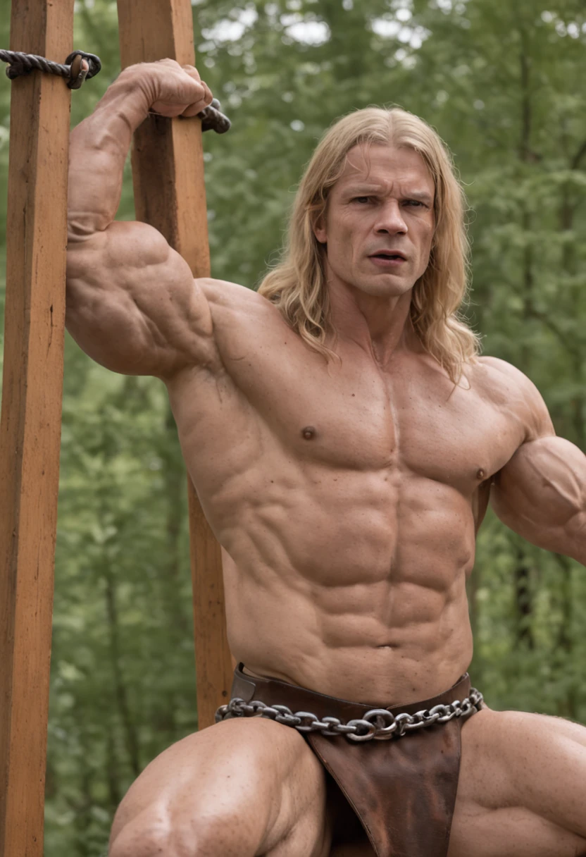A naked long-haired blond muscle god is chained to a heavy wooden beam with his hands up and is beaten with an iron rod by a dark-skinned muscular god, in einem Burghof, Er hat riesige Brustmuskeln, riesige Wadenmusklen, exaggeratedly muscular, masculine, schwere Eisenketten, (fotorealistisch:1.25), (highest quality), awards winning, Meisterwerk:1.45),