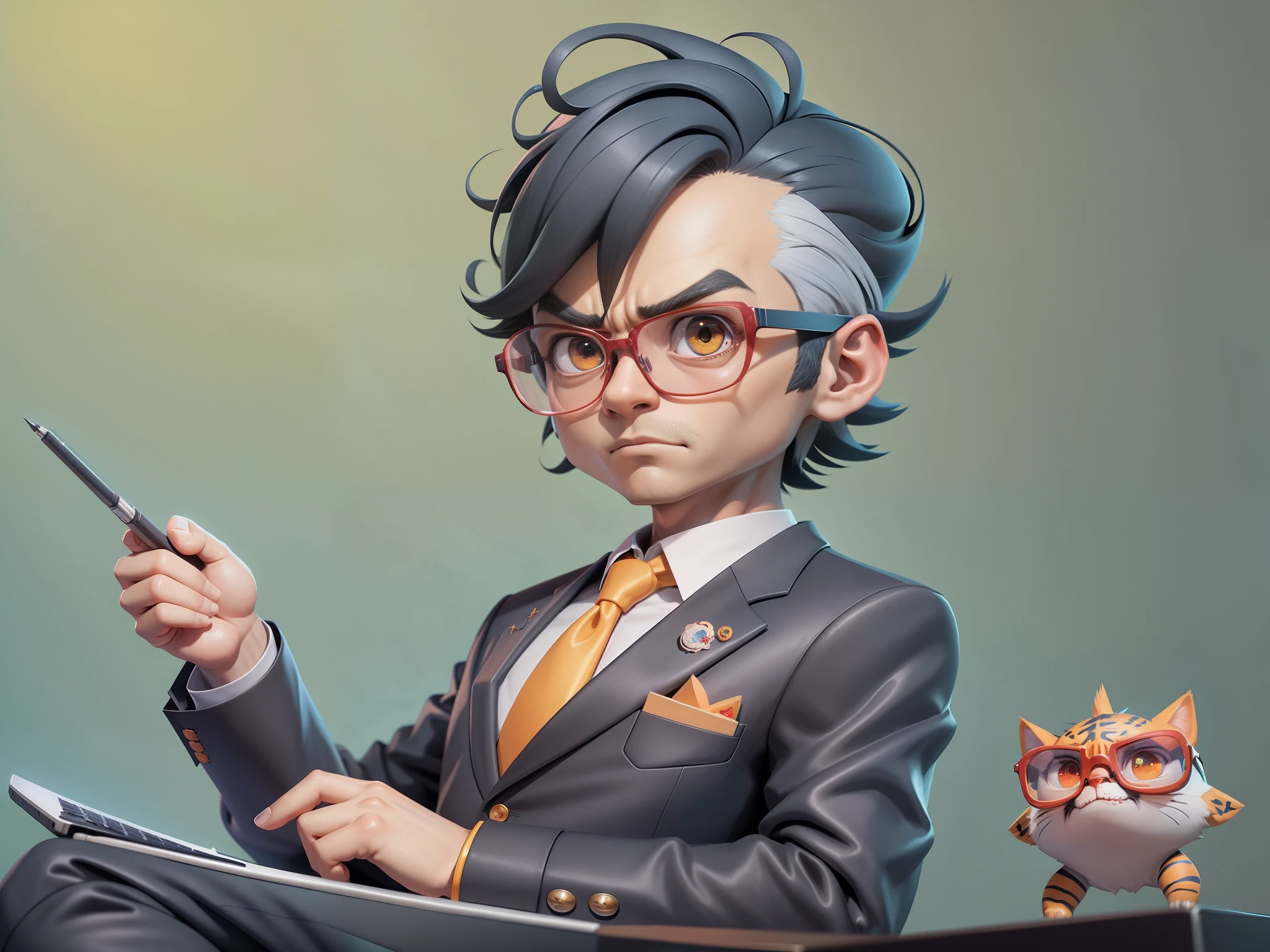 A young man in a suit, Short hair and glasses sat at his desk,holding laptop,digitial painting,tigre,3D character design by Mark Clairen and Pixar and Hayao Miyazaki and Akira Toriyama,4K HD illustration,Very detailed facial features and cartoon-style visuals。